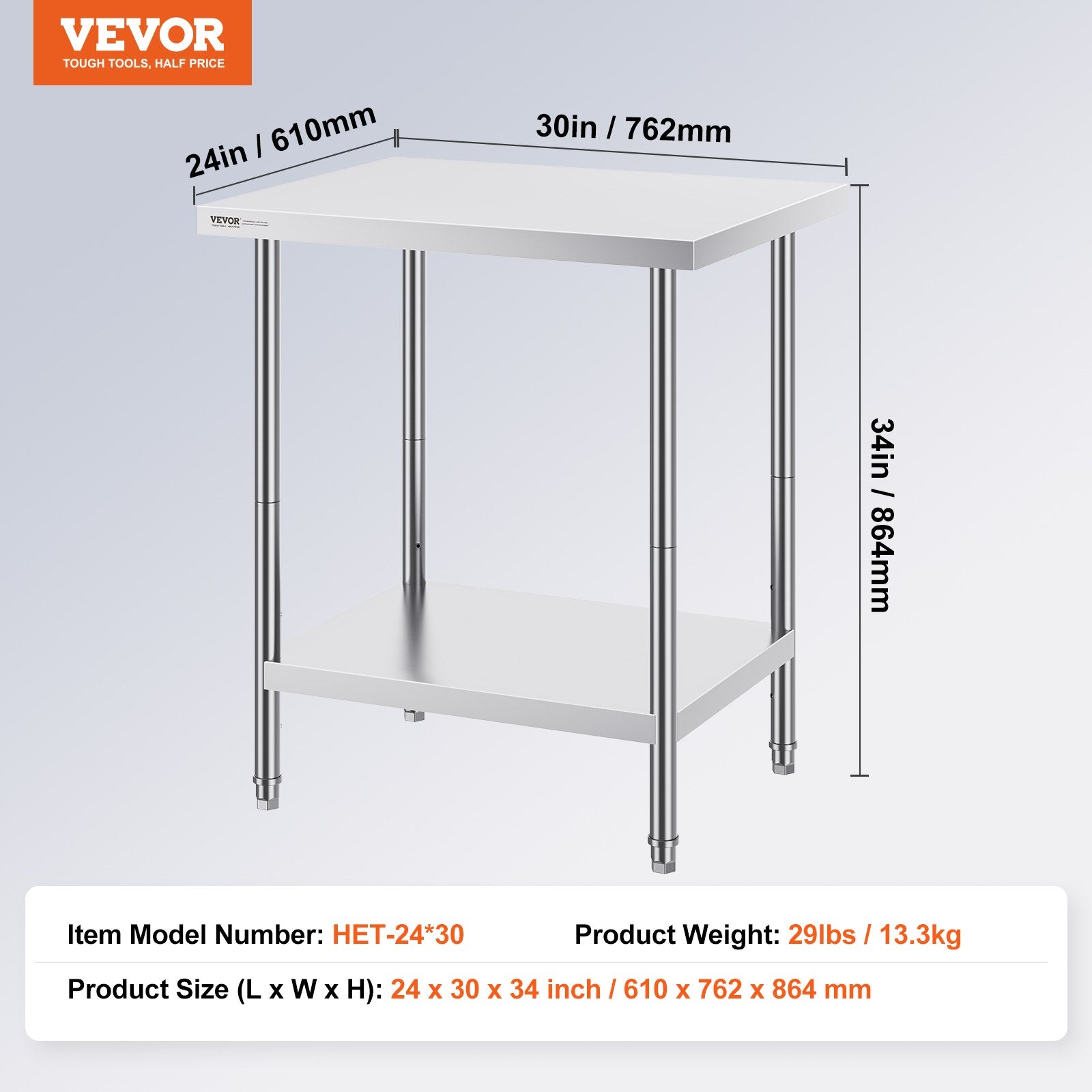 Basketball & Basketball Accessories: VEVOR Stainless Steel Prep Table, 24 x 30 x 34 Inch, Heavy Duty Metal Worktable with 3 Adjustable Height Levels, Commercial Workstation for Kitchen Garage Restaurant Backyard
