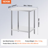 Basketball & Basketball Accessories: VEVOR Stainless Steel Prep Table, 24 x 30 x 34 Inch, Heavy Duty Metal Worktable with 3 Adjustable Height Levels, Commercial Workstation for Kitchen Garage Restaurant Backyard