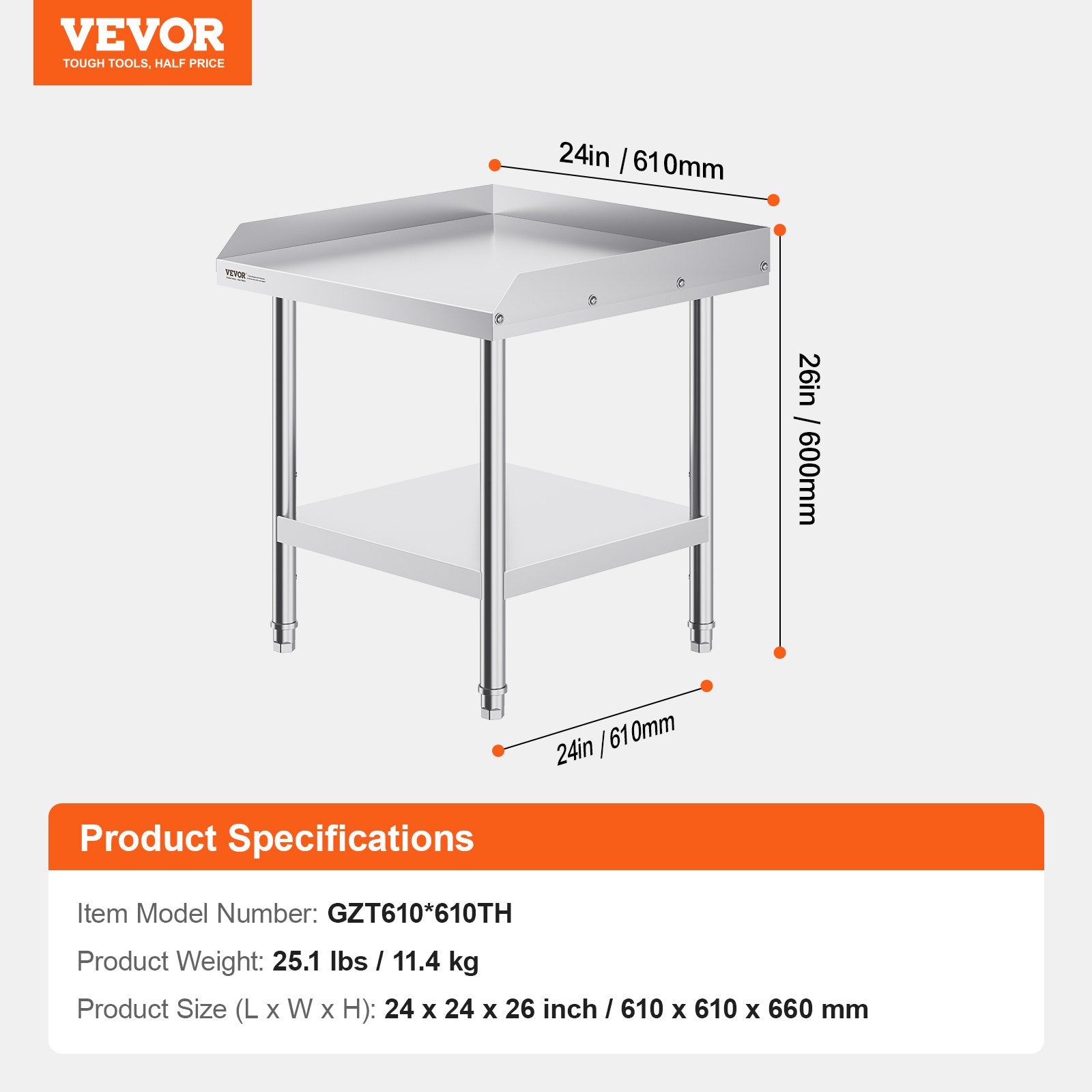 Stainless Steel Work Table, 24 x 24 x 26 Inch Commercial Food Prep Worktable, 3-Sided Backsplash Heavy Duty Prep Worktable, Metal Work Table with Adjustable Height for Restaurant Home Hotel
