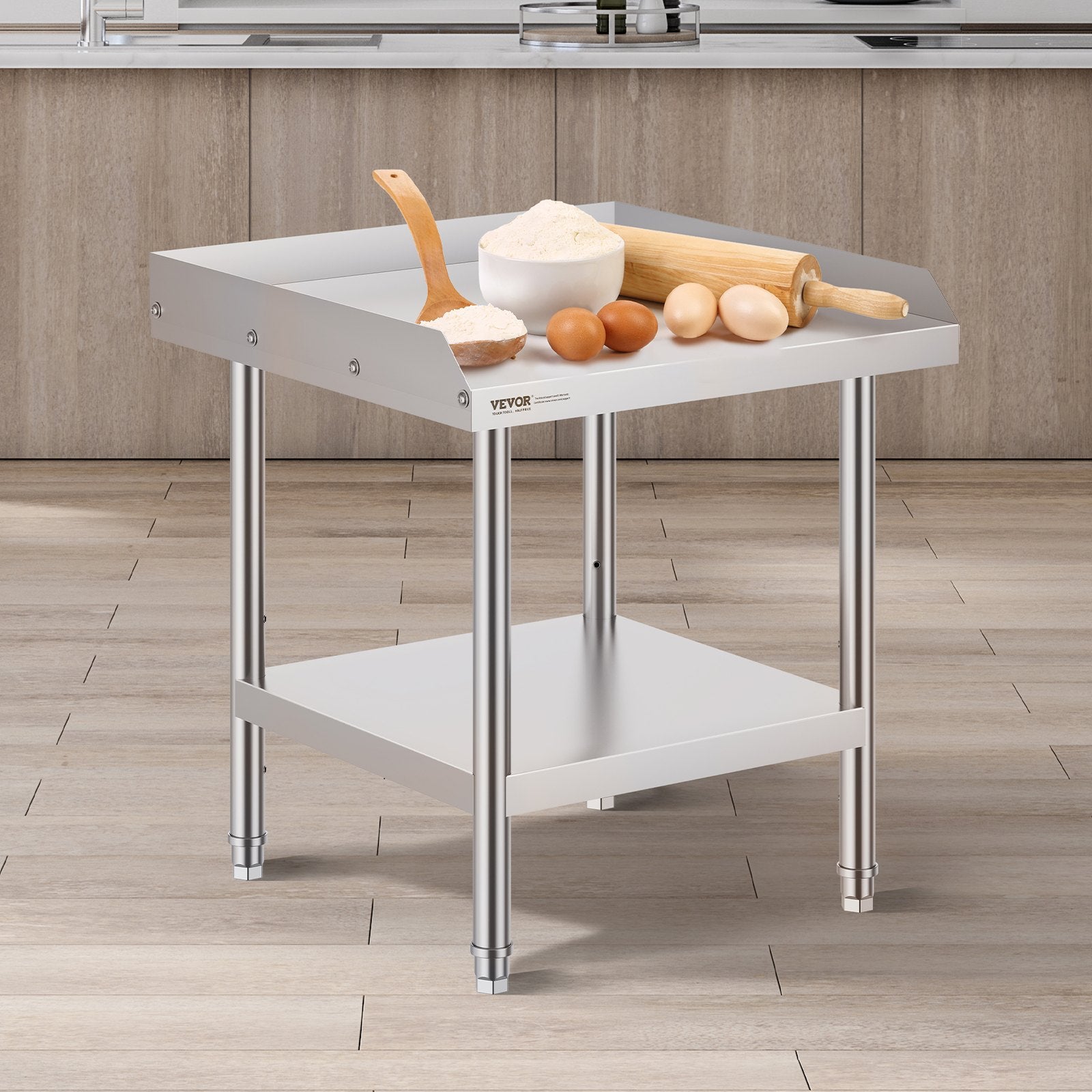 Stainless Steel Work Table, 24 x 24 x 26 Inch Commercial Food Prep Worktable, 3-Sided Backsplash Heavy Duty Prep Worktable, Metal Work Table with Adjustable Height for Restaurant Home Hotel