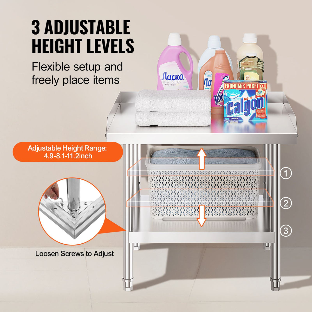 Stainless Steel Work Table, 24 x 28 x 26 Inch Commercial Food Prep Worktable, 3-Sided Backsplash Heavy Duty Prep Worktable, Metal Work Table with Adjustable Height for Restaurant Home Hotel