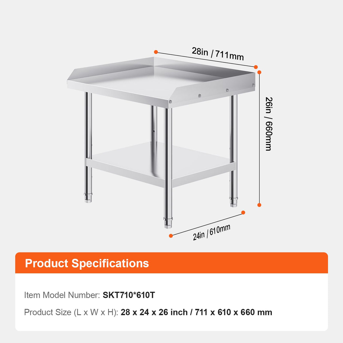 Stainless Steel Work Table, 24 x 28 x 26 Inch Commercial Food Prep Worktable, 3-Sided Backsplash Heavy Duty Prep Worktable, Metal Work Table with Adjustable Height for Restaurant Home Hotel
