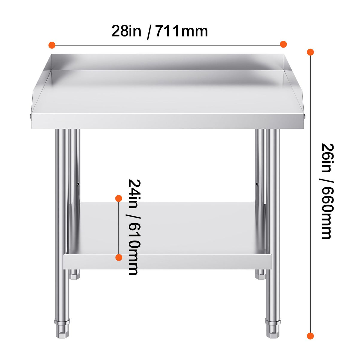 Stainless Steel Work Table, 24 x 28 x 26 Inch Commercial Food Prep Worktable, 3-Sided Backsplash Heavy Duty Prep Worktable, Metal Work Table with Adjustable Height for Restaurant Home Hotel