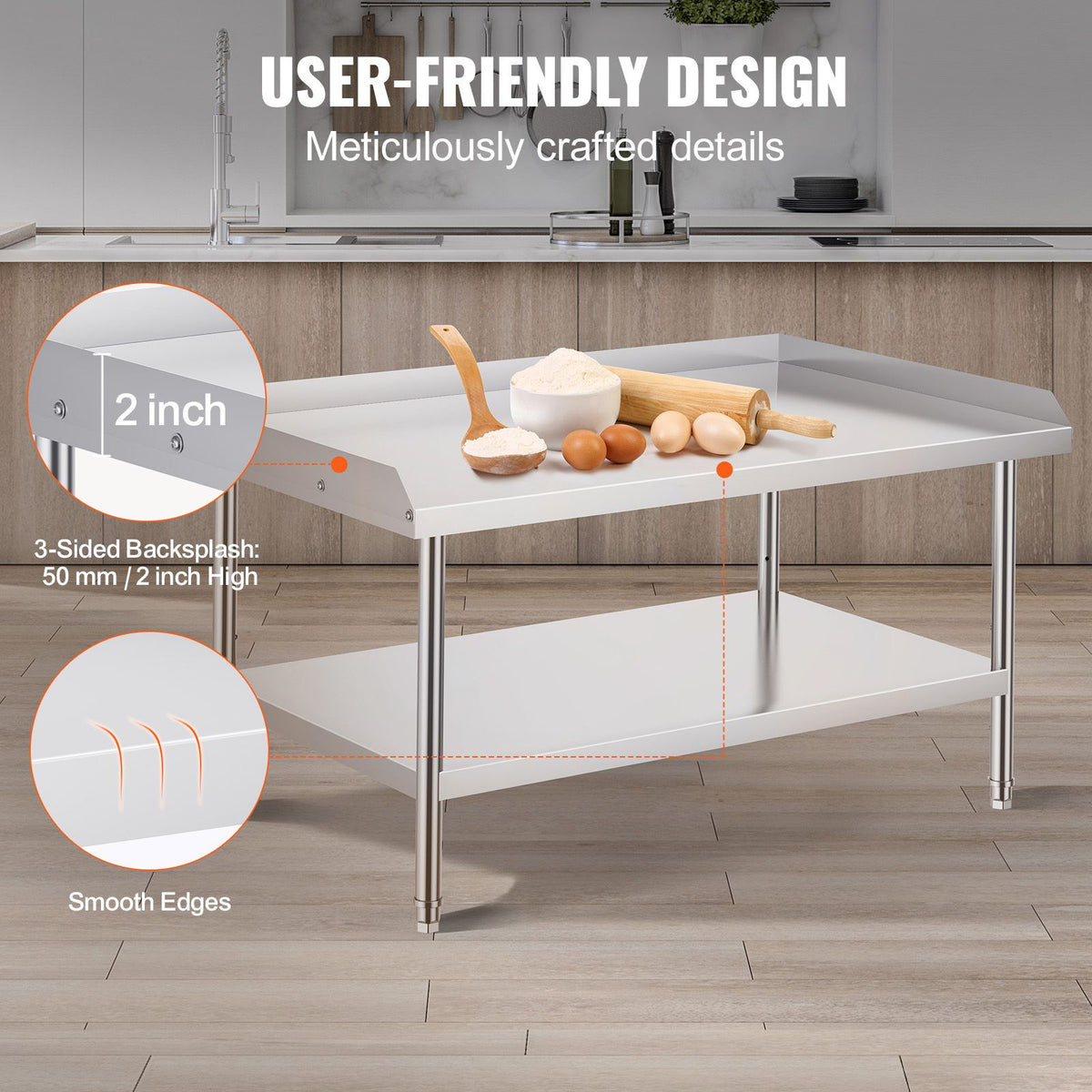 Stainless Steel Work Table, 762 x 1219 x 660 mm Commercial Food Prep Worktable, 3-Sided Backsplash Heavy Duty Prep Worktable, Metal Work Table with Adjustable Height for Restaurant Home Hotel