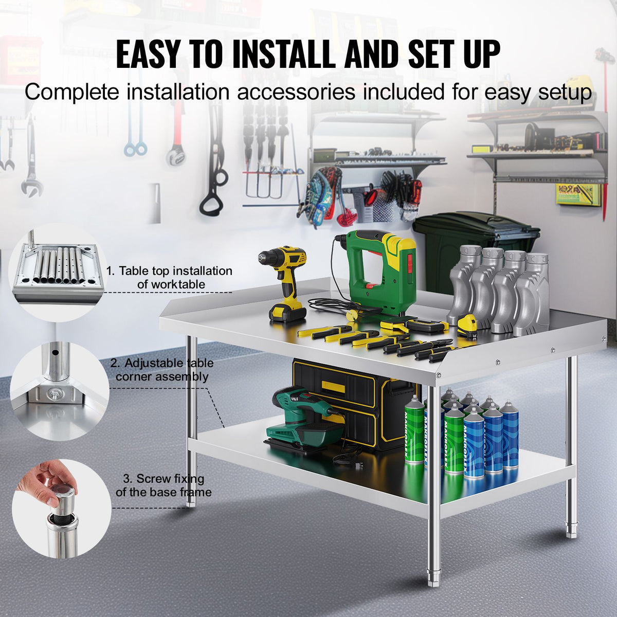 Stainless Steel Work Table, 762 x 1219 x 660 mm Commercial Food Prep Worktable, 3-Sided Backsplash Heavy Duty Prep Worktable, Metal Work Table with Adjustable Height for Restaurant Home Hotel