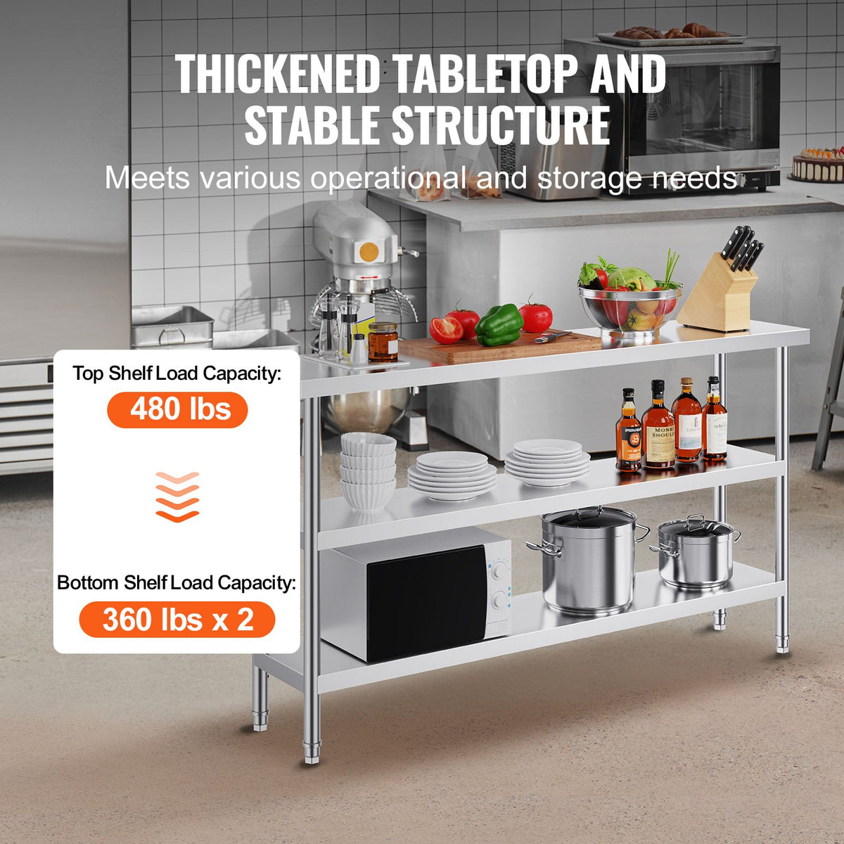 Stainless Steel Food Prep Table, 356 x 1524 x 864 mm Commercial Kitchen Worktable, with 2 Adjustable Undershelf, Heavy Duty Prep Table Metal Work Table for BBQ, Kitchen, Home, and Garage