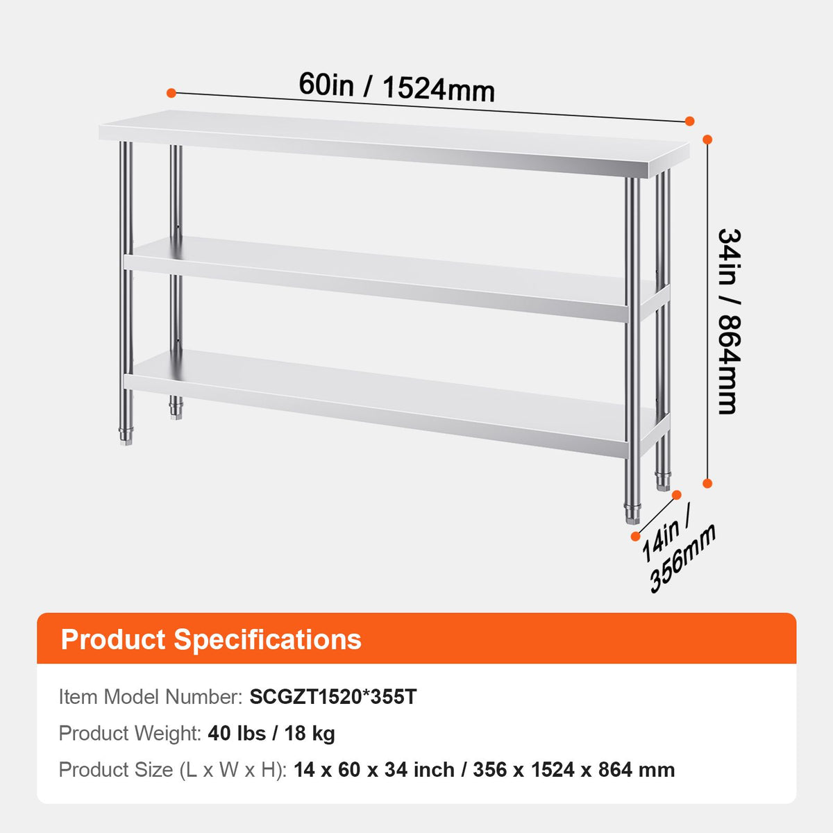 Stainless Steel Food Prep Table, 356 x 1524 x 864 mm Commercial Kitchen Worktable, with 2 Adjustable Undershelf, Heavy Duty Prep Table Metal Work Table for BBQ, Kitchen, Home, and Garage