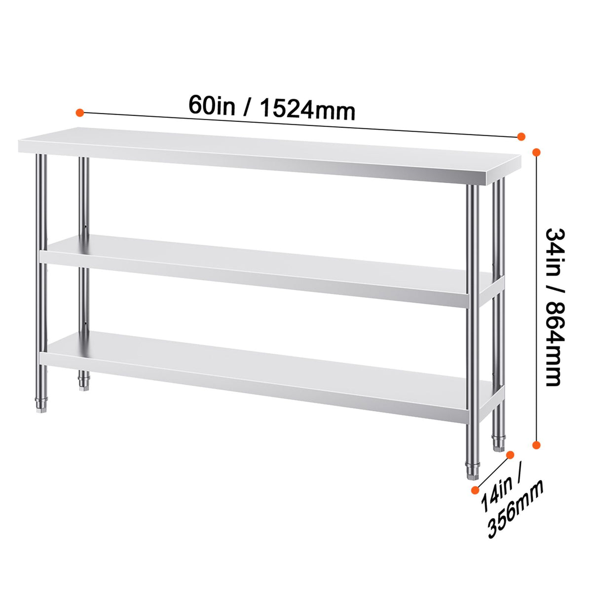 Stainless Steel Food Prep Table, 356 x 1524 x 864 mm Commercial Kitchen Worktable, with 2 Adjustable Undershelf, Heavy Duty Prep Table Metal Work Table for BBQ, Kitchen, Home, and Garage