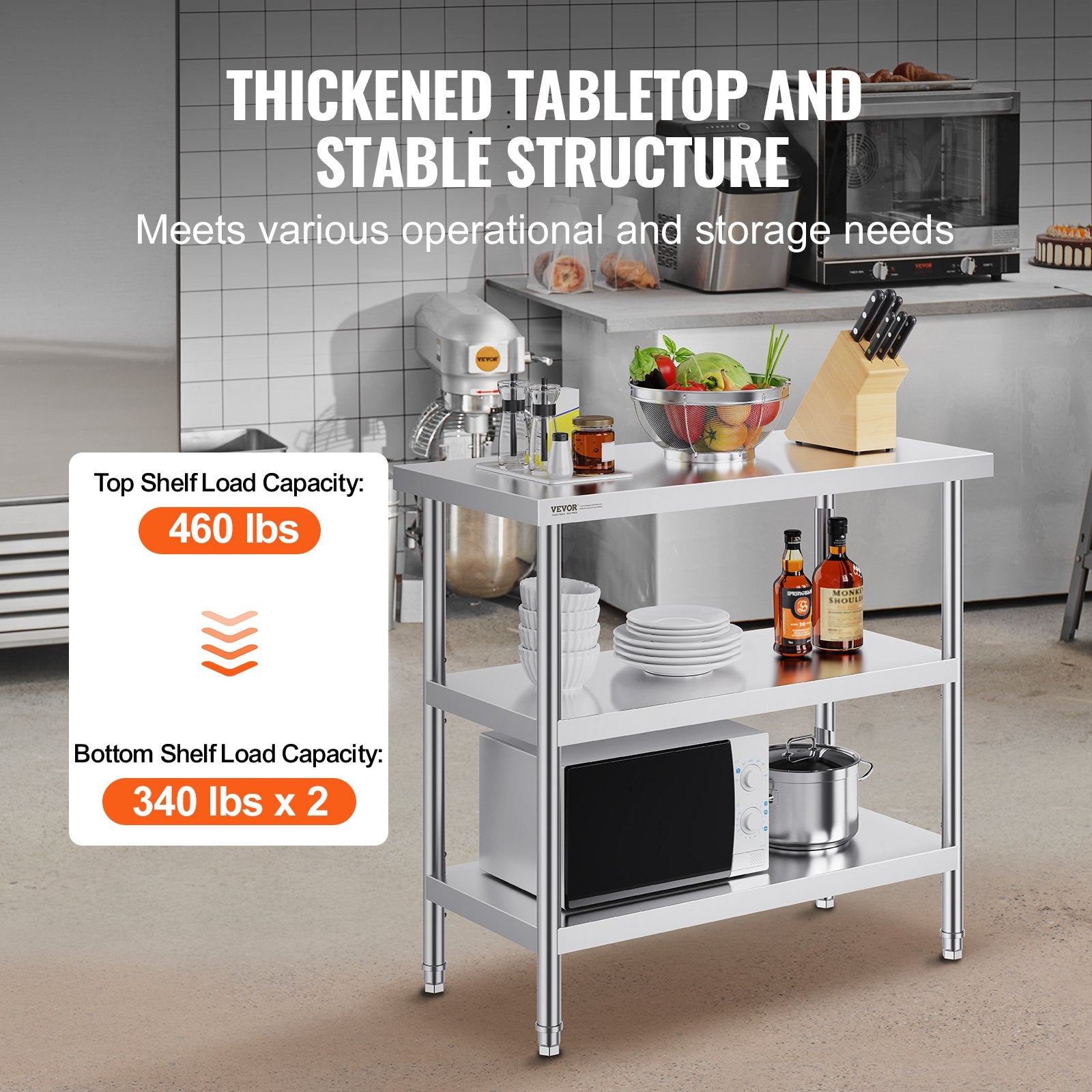 Stainless Steel Food Prep Table, 18 x 36 x 34 Inch Commercial Kitchen Worktable, with 2 Adjustable Undershelf, Heavy Duty Prep Table Metal Work Table for BBQ, Kitchen, Home, and Garage