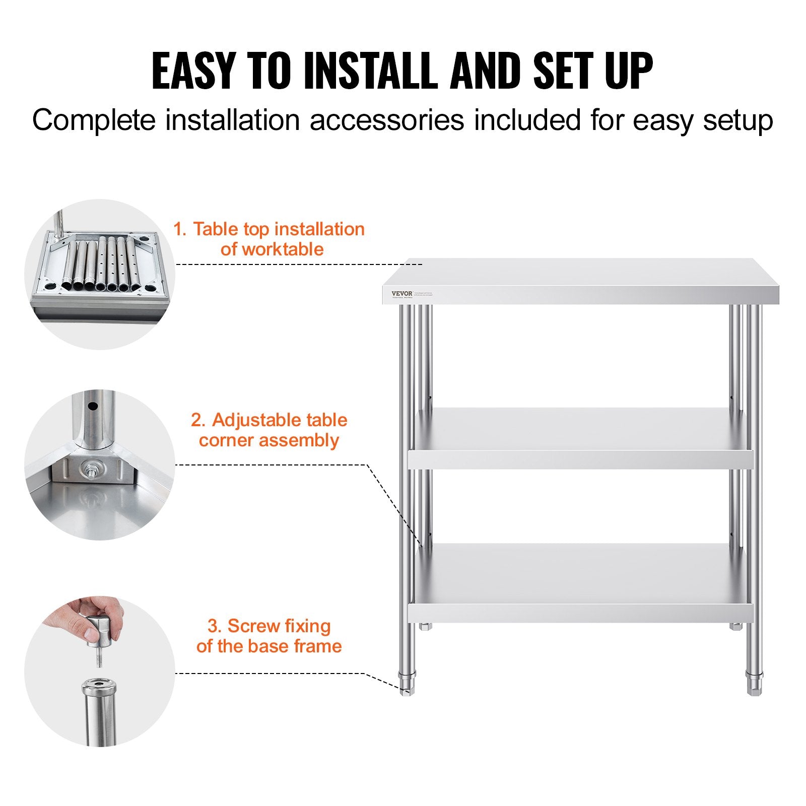 Stainless Steel Food Prep Table, 18 x 36 x 34 Inch Commercial Kitchen Worktable, with 2 Adjustable Undershelf, Heavy Duty Prep Table Metal Work Table for BBQ, Kitchen, Home, and Garage