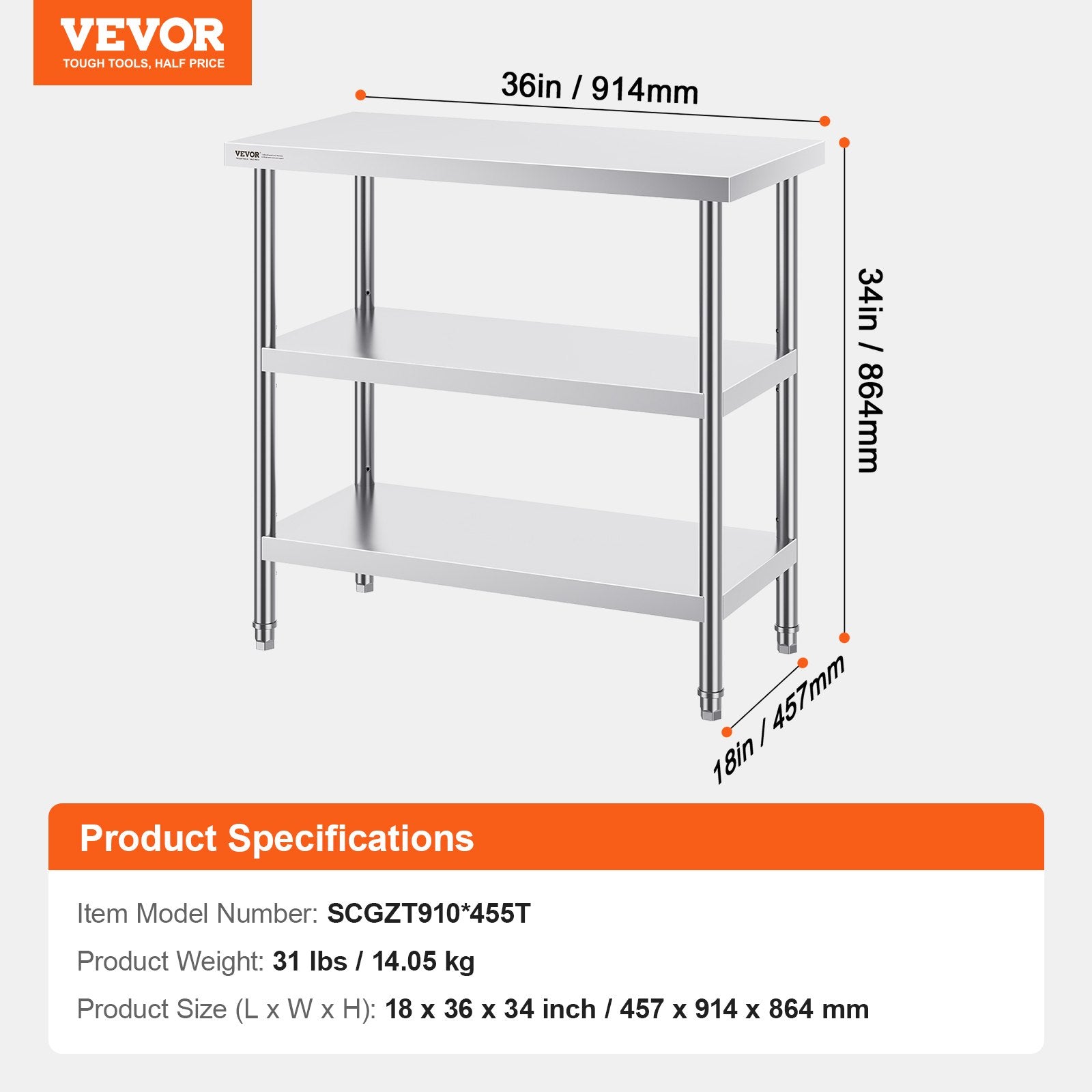 Stainless Steel Food Prep Table, 18 x 36 x 34 Inch Commercial Kitchen Worktable, with 2 Adjustable Undershelf, Heavy Duty Prep Table Metal Work Table for BBQ, Kitchen, Home, and Garage