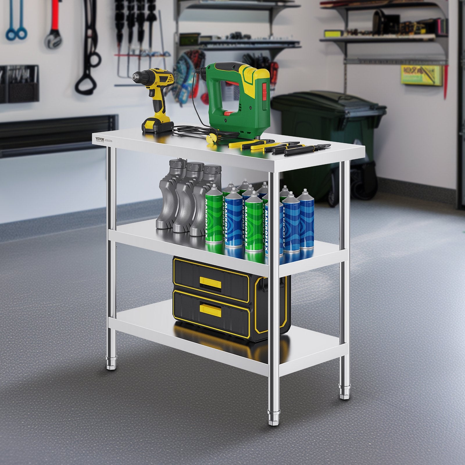 Stainless Steel Food Prep Table, 18 x 36 x 34 Inch Commercial Kitchen Worktable, with 2 Adjustable Undershelf, Heavy Duty Prep Table Metal Work Table for BBQ, Kitchen, Home, and Garage