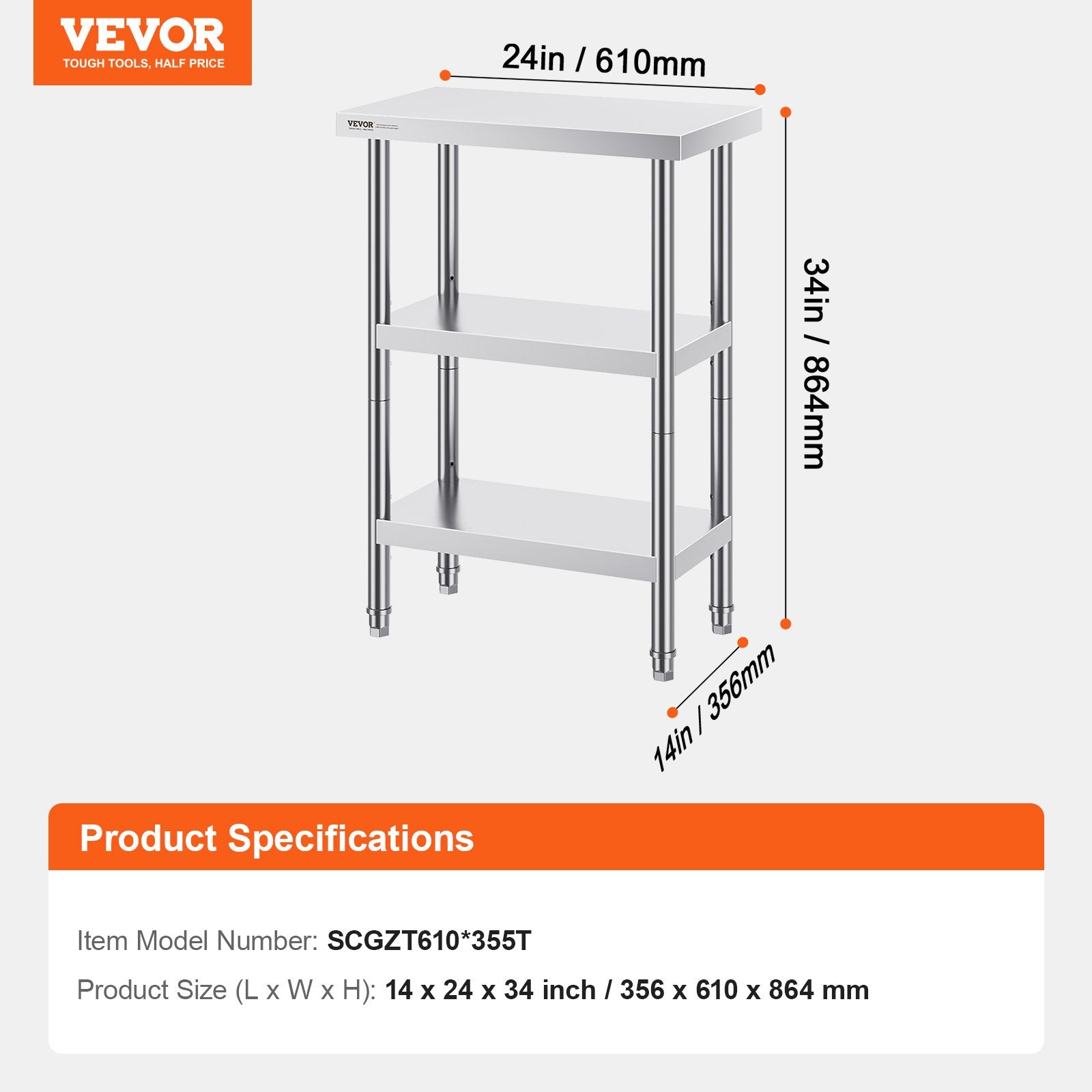 Basketball & Basketball Accessories: VEVOR Stainless Steel Food Prep Table, 14 x 24 x 34 Inch Commercial Kitchen Worktable, with 2 Adjustable Undershelf, Heavy Duty Prep Table Metal Work Table for BBQ, Kitchen, Home, and Garage