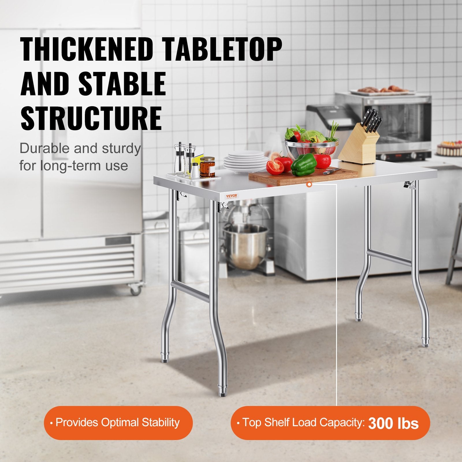 Kitchen & Dining Chairs: VEVOR Stainless Steel Kitchen Bench Folding Commercial Prep Table 1220x610 mm