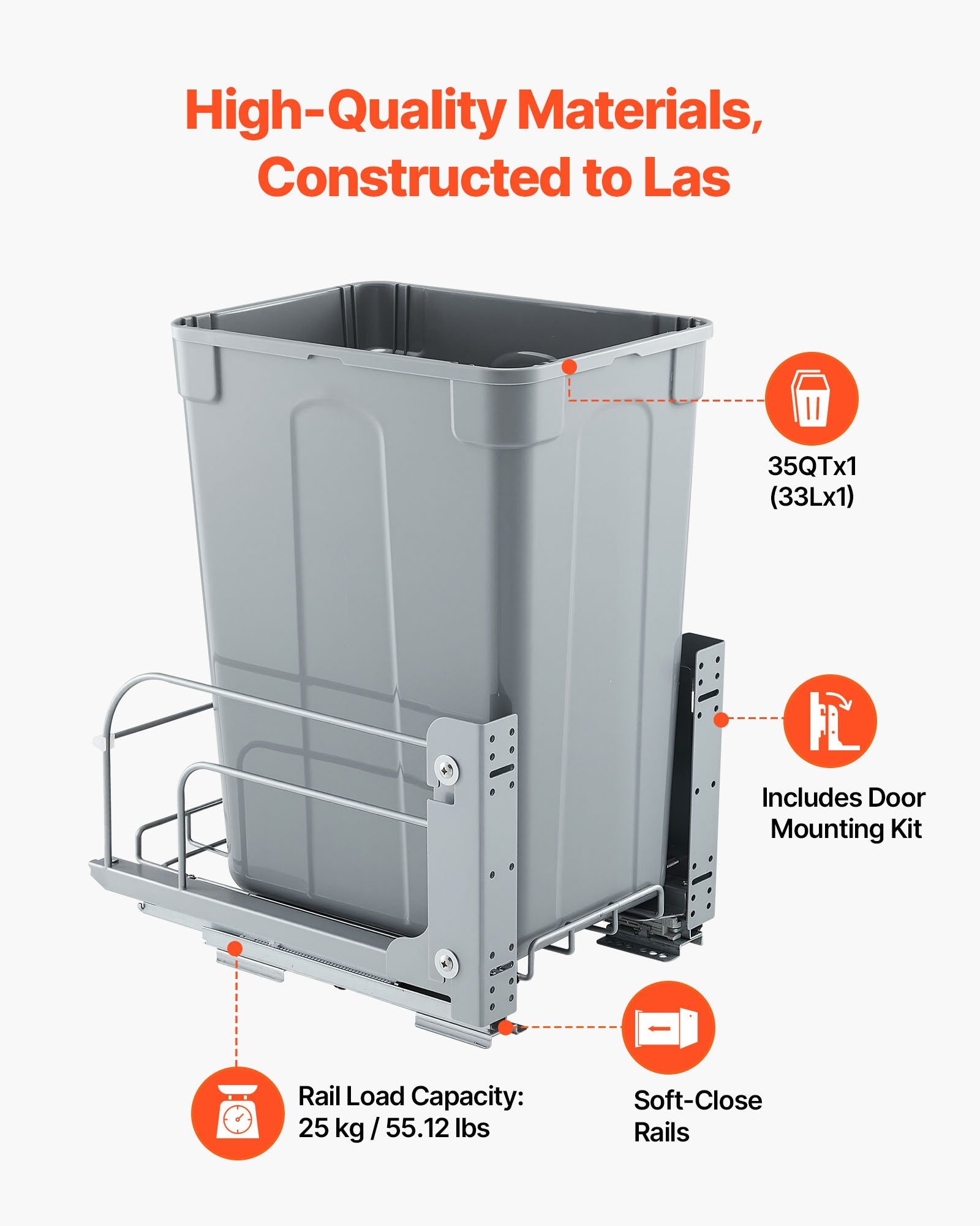 Kitchen & Bathroom DIY: VEVOR Pullout Trash Can for Kitchen Cabinets, Garbage Waste Recycling Bin, Under Mount Waste Container, with Heavy Duty Metal Soft Close Sliding System and Door Kit, for Sink, Under Counter