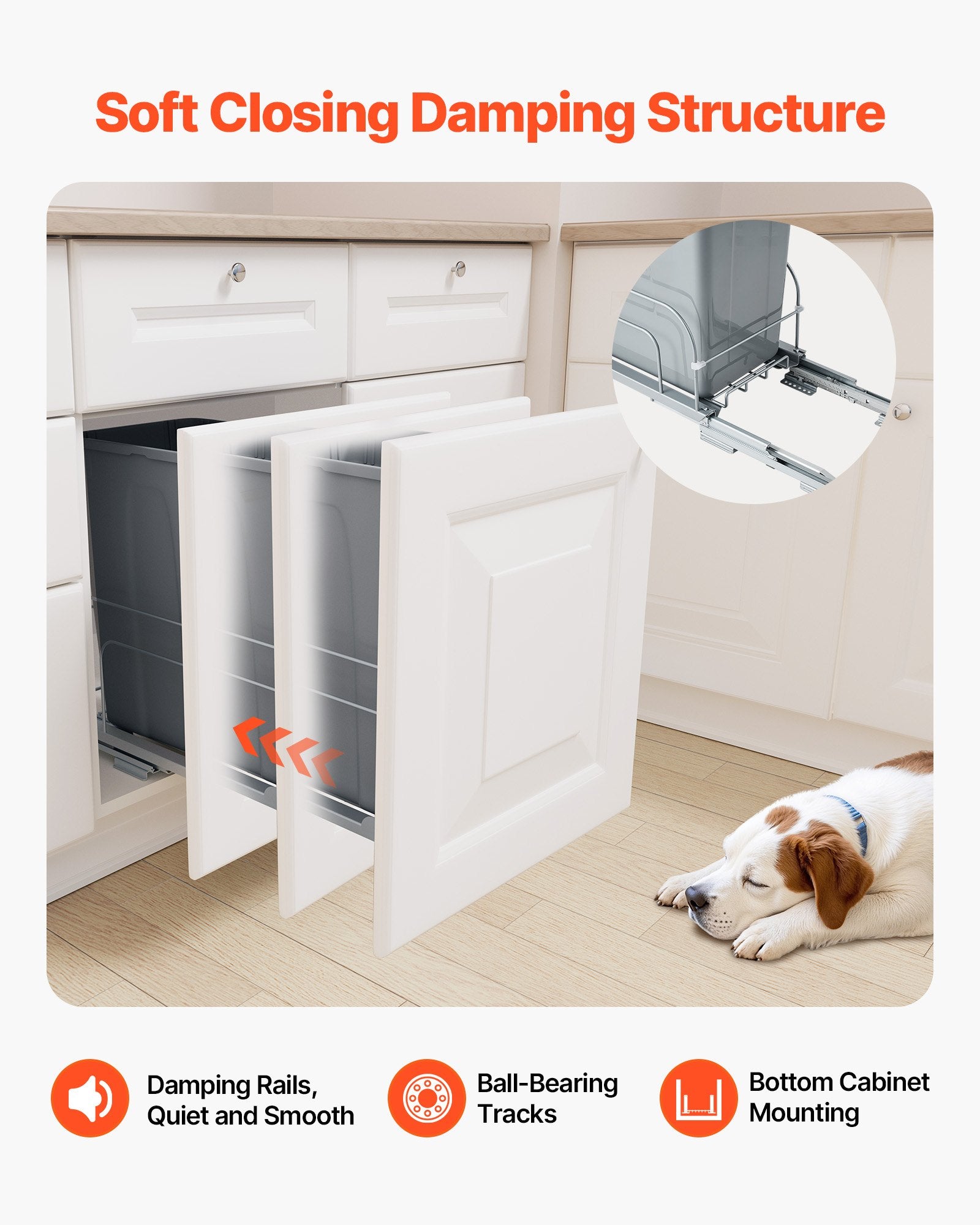 Kitchen & Bathroom DIY: VEVOR Pullout Trash Can for Kitchen Cabinets, Garbage Waste Recycling Bin, Under Mount Waste Container, with Heavy Duty Metal Soft Close Sliding System and Door Kit, for Sink, Under Counter