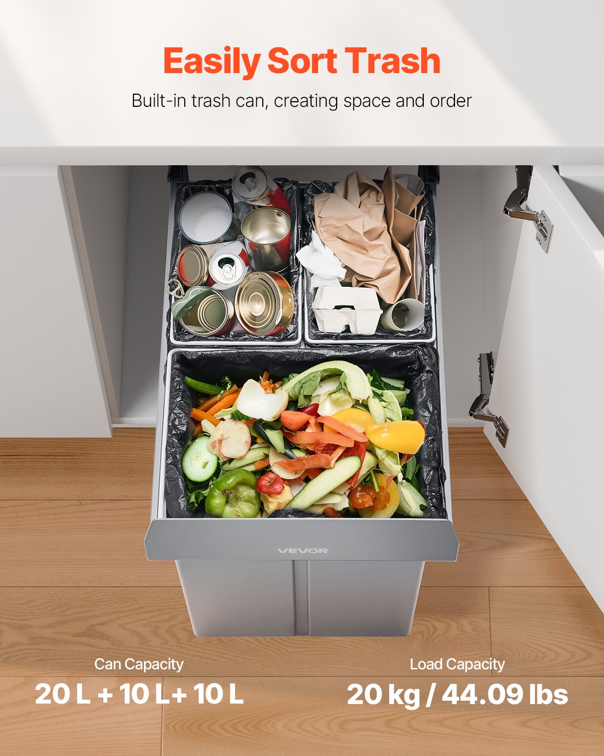 Kitchen & Bathroom DIY: VEVOR Pullout Trash Can for Kitchen Cabinets, 20+10+10L Double Under Sink Garbage Waste Recycling Bin, Under Mount Waste Container, with Heavy Duty Metal Full Extension Sliding System and Handle