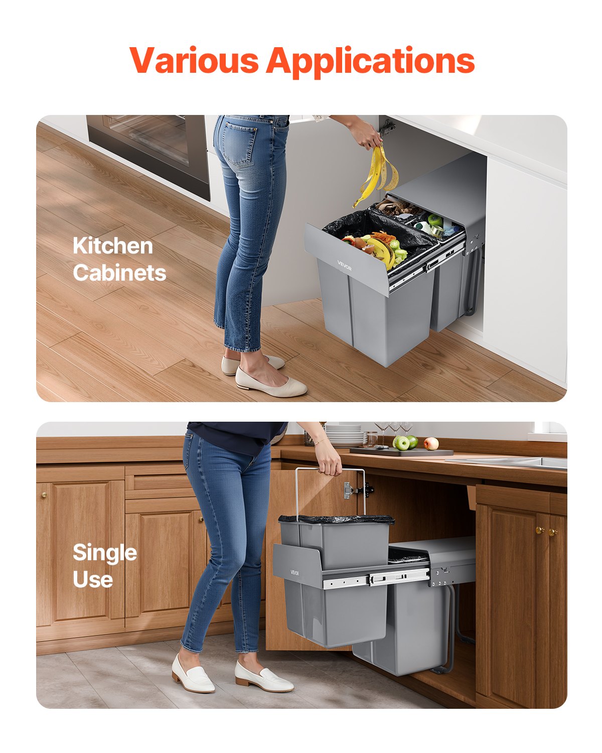 Kitchen & Bathroom DIY: VEVOR Pullout Trash Can for Kitchen Cabinets, 20+10+10L Double Under Sink Garbage Waste Recycling Bin, Under Mount Waste Container, with Heavy Duty Metal Full Extension Sliding System and Handle