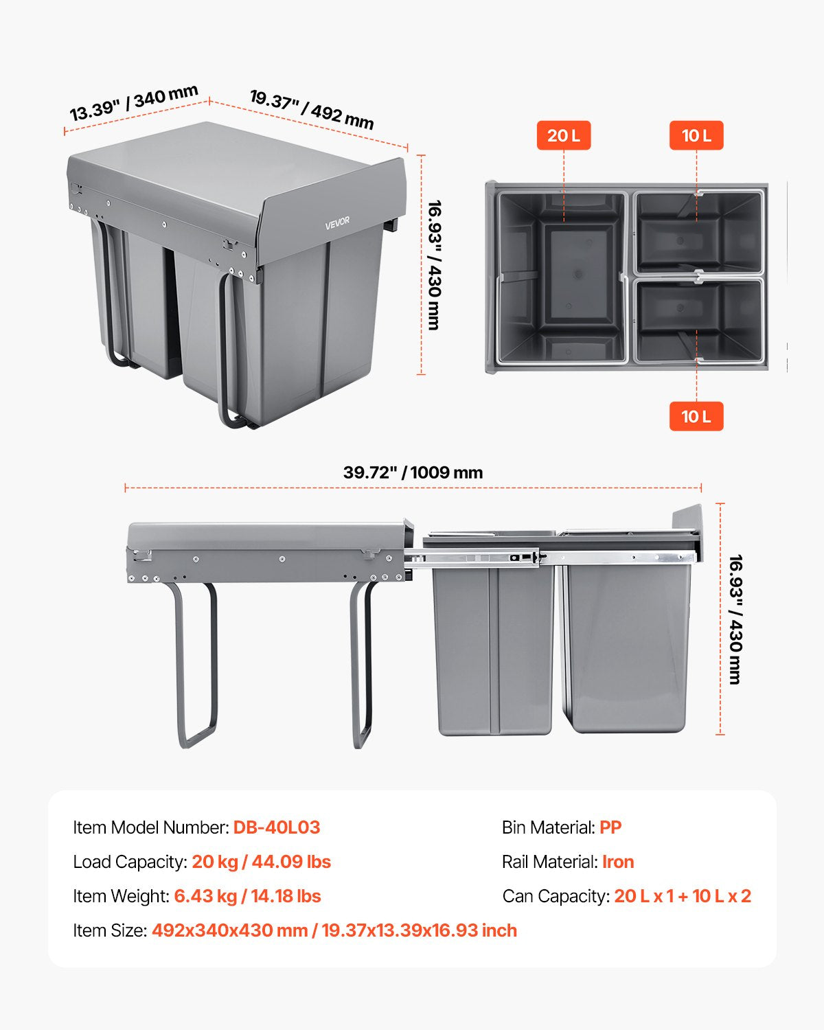 Kitchen & Bathroom DIY: VEVOR Pullout Trash Can for Kitchen Cabinets, 20+10+10L Double Under Sink Garbage Waste Recycling Bin, Under Mount Waste Container, with Heavy Duty Metal Full Extension Sliding System and Handle