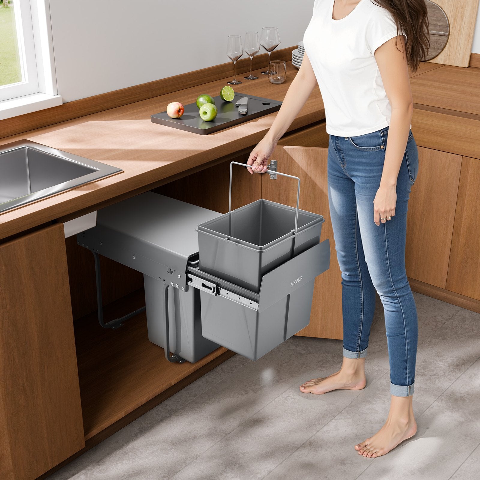 Kitchen & Bathroom DIY: VEVOR Pullout Trash Can for Kitchen Cabinets, 20+10+10L Double Under Sink Garbage Waste Recycling Bin, Under Mount Waste Container, with Heavy Duty Metal Full Extension Sliding System and Handle
