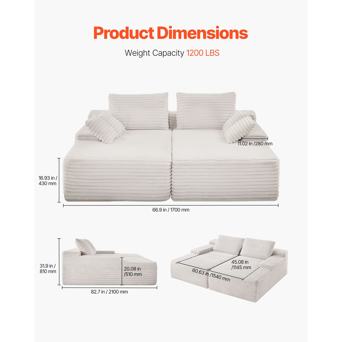 210 cm Oversized Double Chaise Lounge, Corduroy Fabric Sectional Sofa, Cozy Deep Seat Loveseat Sofa with Soft Cushions and Throw Pillows for Living Room Bedroom, No Assembly Required, Beige
