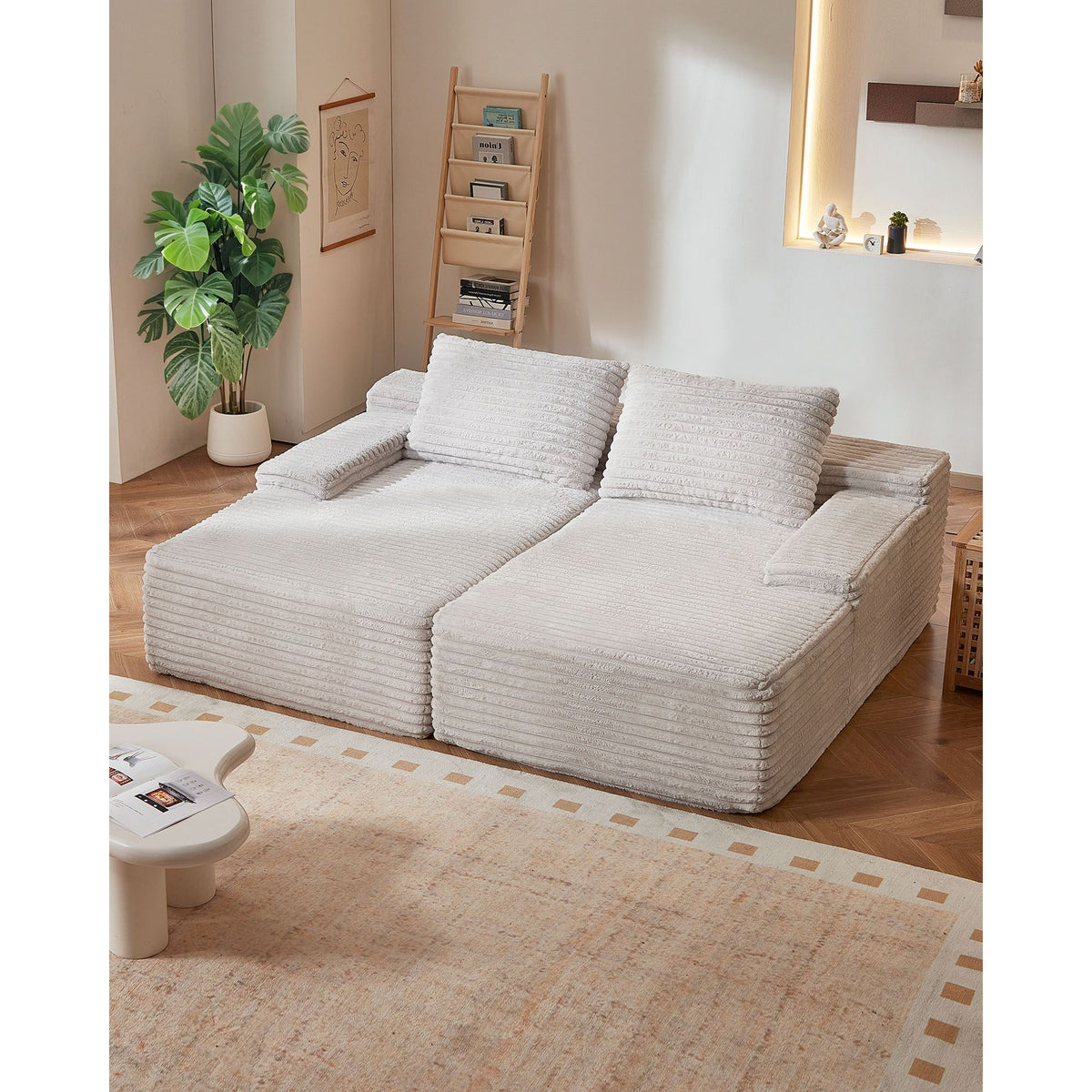 210 cm Oversized Double Chaise Lounge, Corduroy Fabric Sectional Sofa, Cozy Deep Seat Loveseat Sofa with Soft Cushions and Throw Pillows for Living Room Bedroom, No Assembly Required, Beige