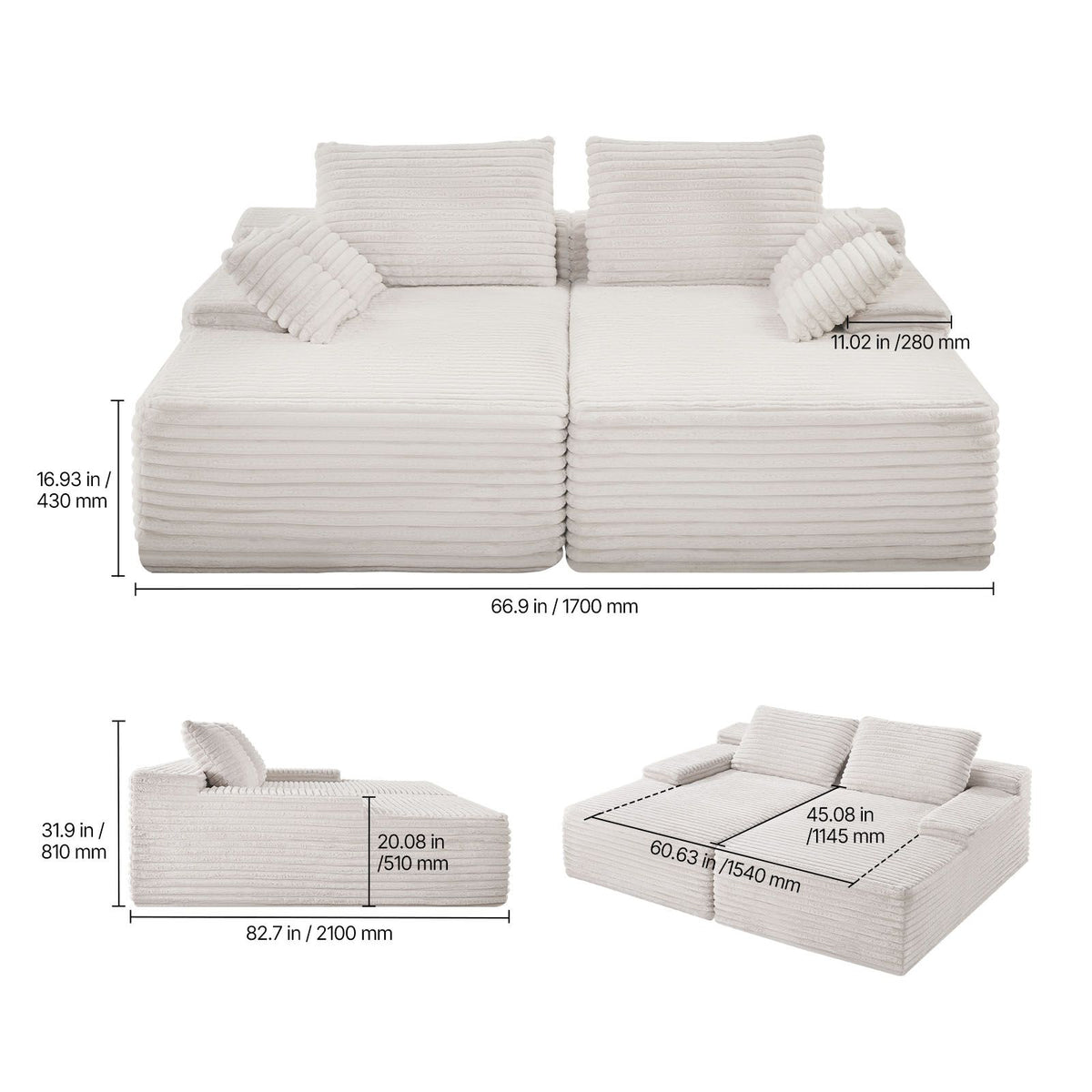 210 cm Oversized Double Chaise Lounge, Corduroy Fabric Sectional Sofa, Cozy Deep Seat Loveseat Sofa with Soft Cushions and Throw Pillows for Living Room Bedroom, No Assembly Required, Beige