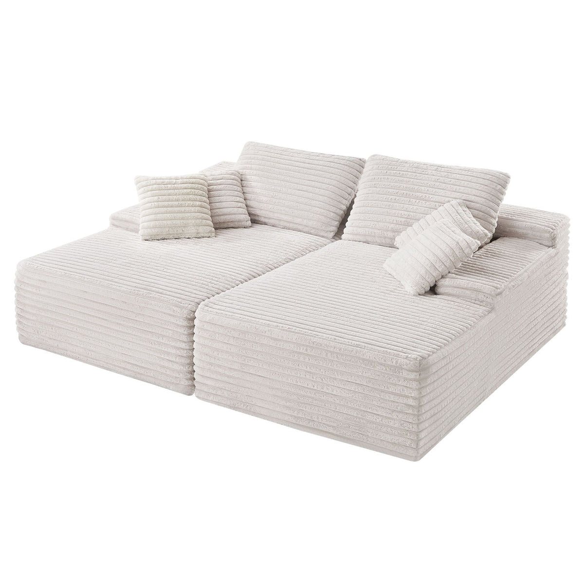 210 cm Oversized Double Chaise Lounge, Corduroy Fabric Sectional Sofa, Cozy Deep Seat Loveseat Sofa with Soft Cushions and Throw Pillows for Living Room Bedroom, No Assembly Required, Beige