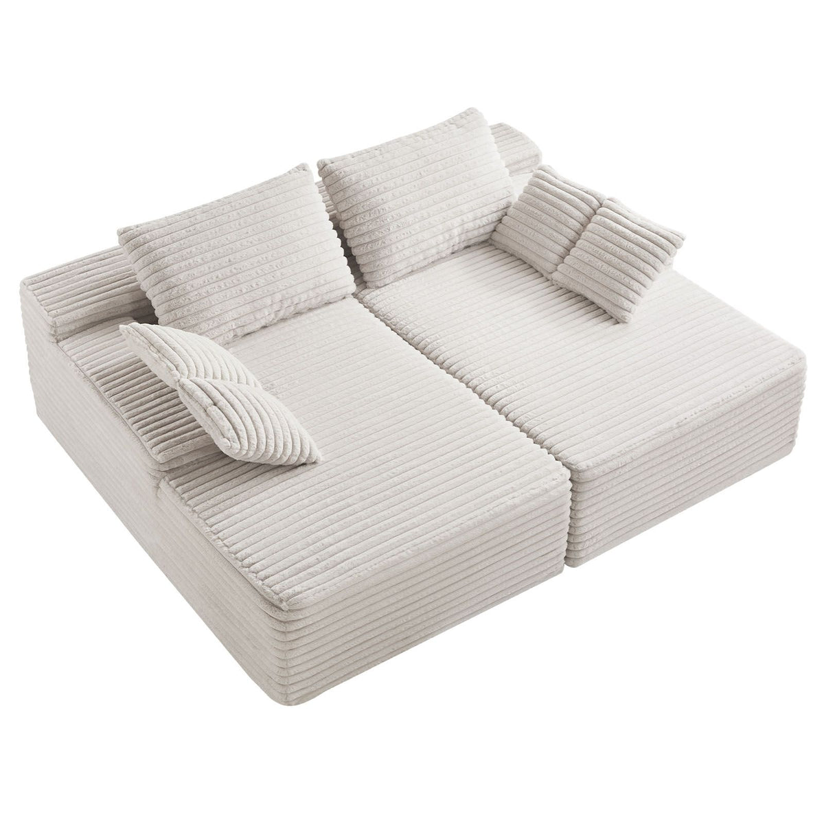 210 cm Oversized Double Chaise Lounge, Corduroy Fabric Sectional Sofa, Cozy Deep Seat Loveseat Sofa with Soft Cushions and Throw Pillows for Living Room Bedroom, No Assembly Required, Beige