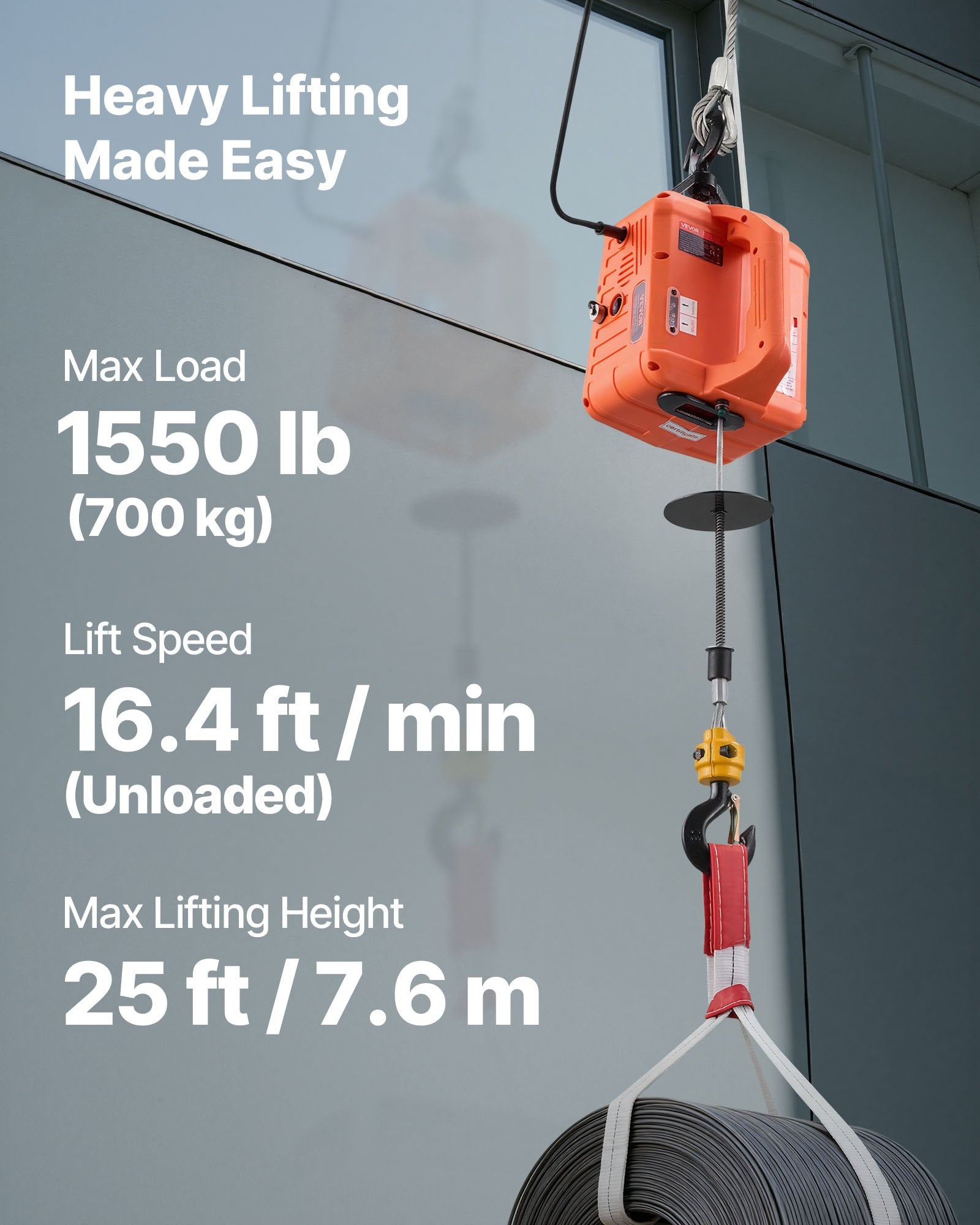 3-in-1 Electric Hoist Winch, 700 kg Capacity, 1500W Portable Power Winch Crane, 7.6 m Lifting Height, 5 m/min with Manual, Wired and Wireless Remote Control for Factory, Warehouss, Garage