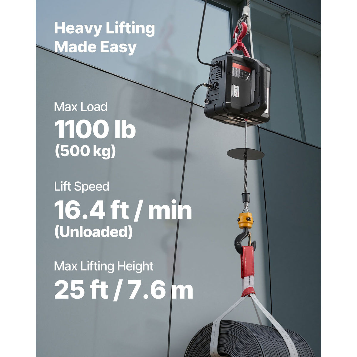 2-in-1 Electric Hoist Winch, 500 kg Capacity, 1500W Portable Power Winch Crane, 7.6 m Lifting Height, 5 m/min with Manual and Wired Remote Control for Factory, Warehouss, Garage