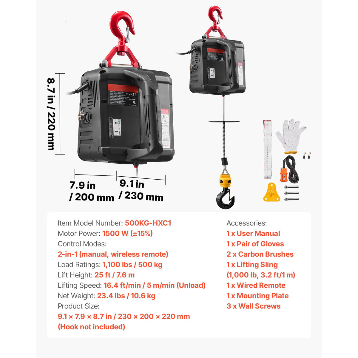 2-in-1 Electric Hoist Winch, 500 kg Capacity, 1500W Portable Power Winch Crane, 7.6 m Lifting Height, 5 m/min with Manual and Wired Remote Control for Factory, Warehouss, Garage