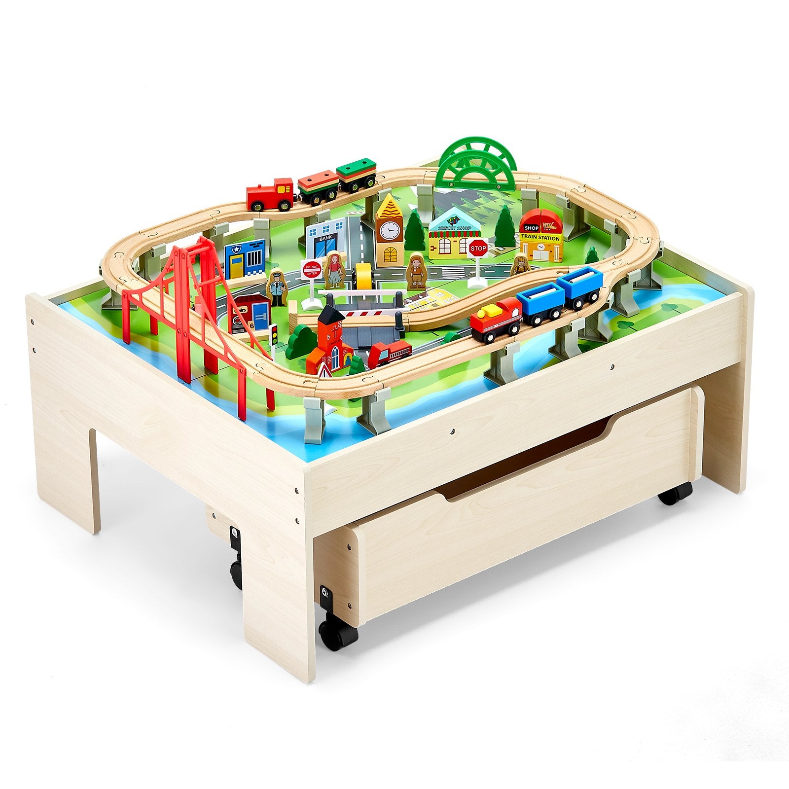 Basketball & Basketball Accessories: VEVOR Train Table 100 PCS Wooden Kids Activity Table with Rolling Storage Drawer