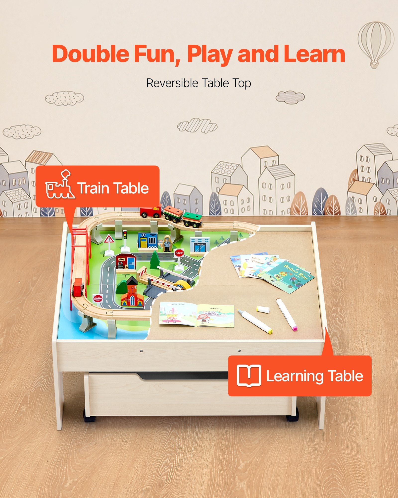 Basketball & Basketball Accessories: VEVOR Train Table 100 PCS Wooden Kids Activity Table with Rolling Storage Drawer