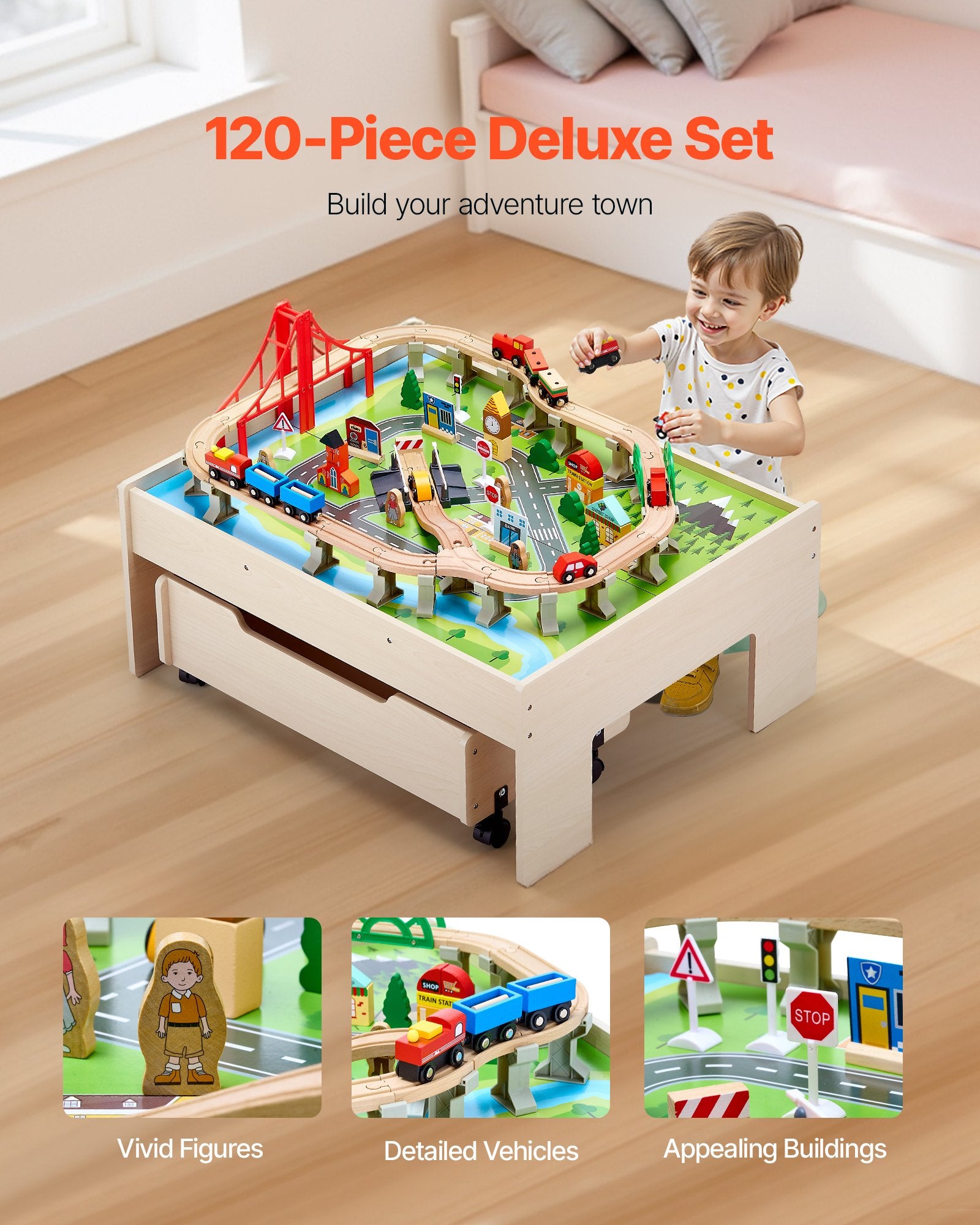 Basketball & Basketball Accessories: VEVOR Train Table 100 PCS Wooden Kids Activity Table with Rolling Storage Drawer