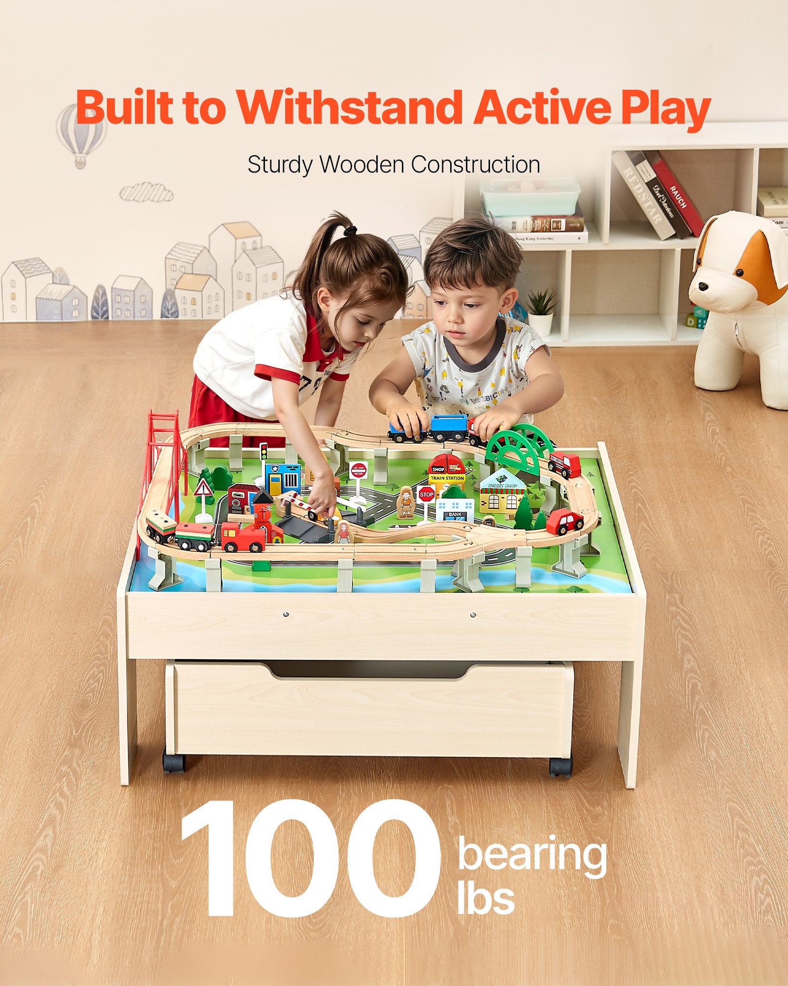Basketball & Basketball Accessories: VEVOR Train Table 100 PCS Wooden Kids Activity Table with Rolling Storage Drawer