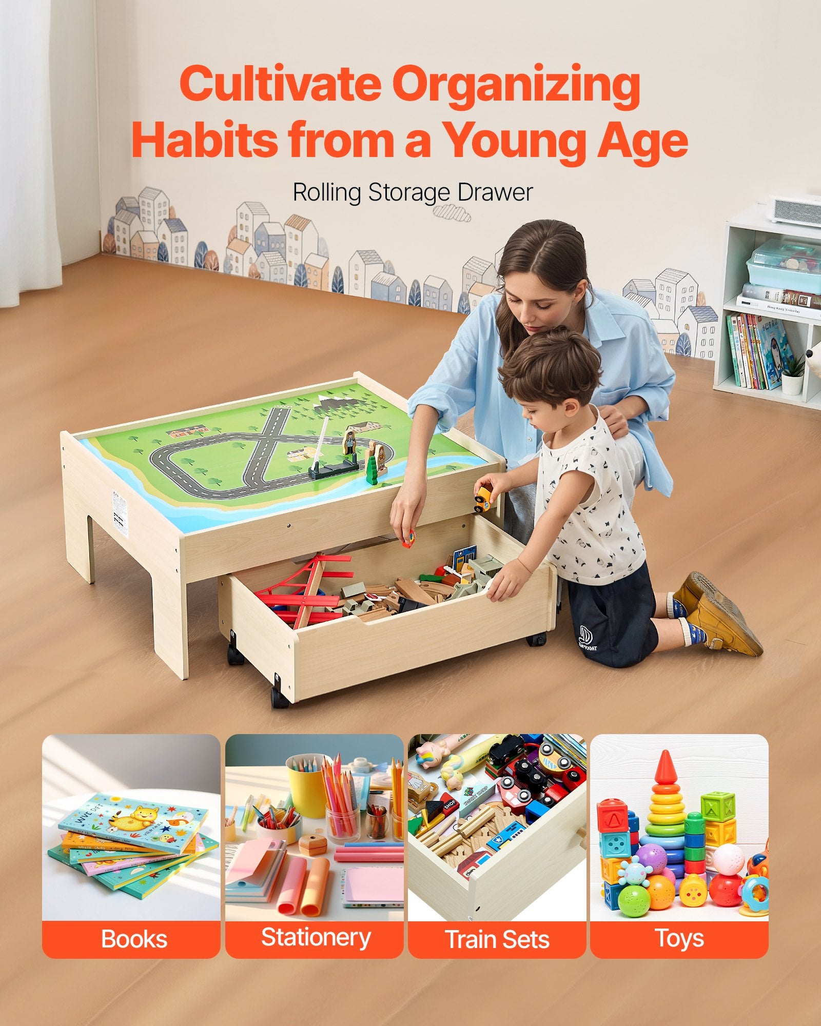 Basketball & Basketball Accessories: VEVOR Train Table 100 PCS Wooden Kids Activity Table with Rolling Storage Drawer