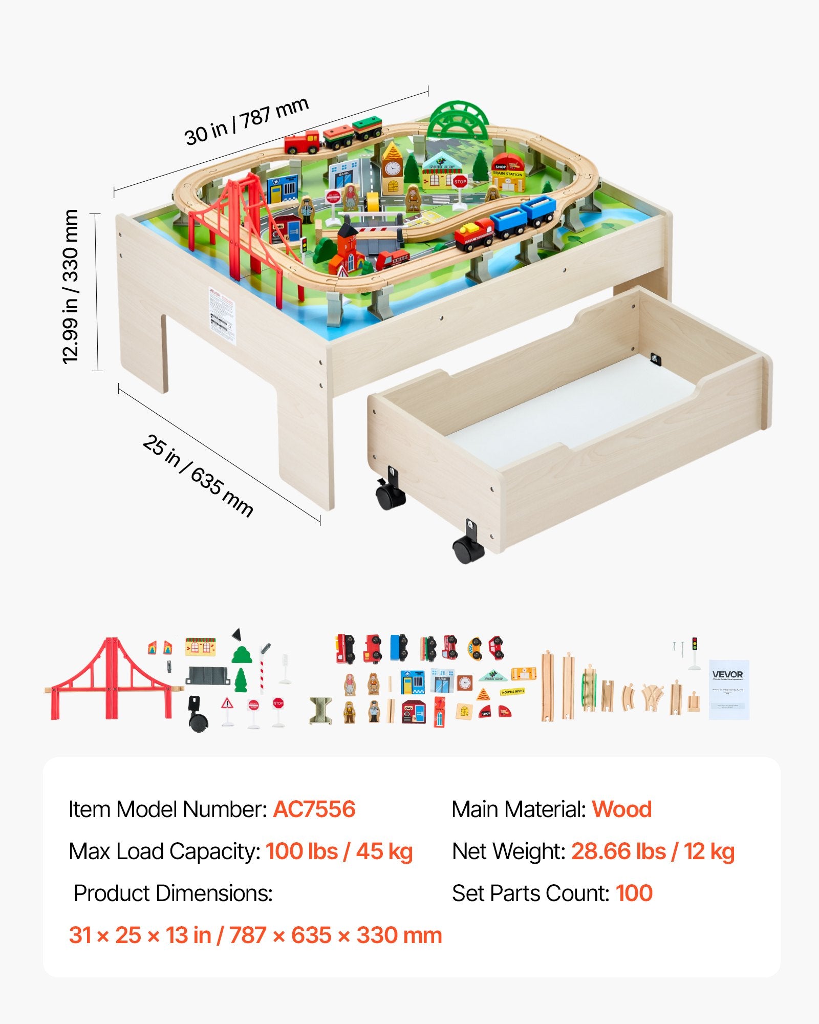 Basketball & Basketball Accessories: VEVOR Train Table 100 PCS Wooden Kids Activity Table with Rolling Storage Drawer