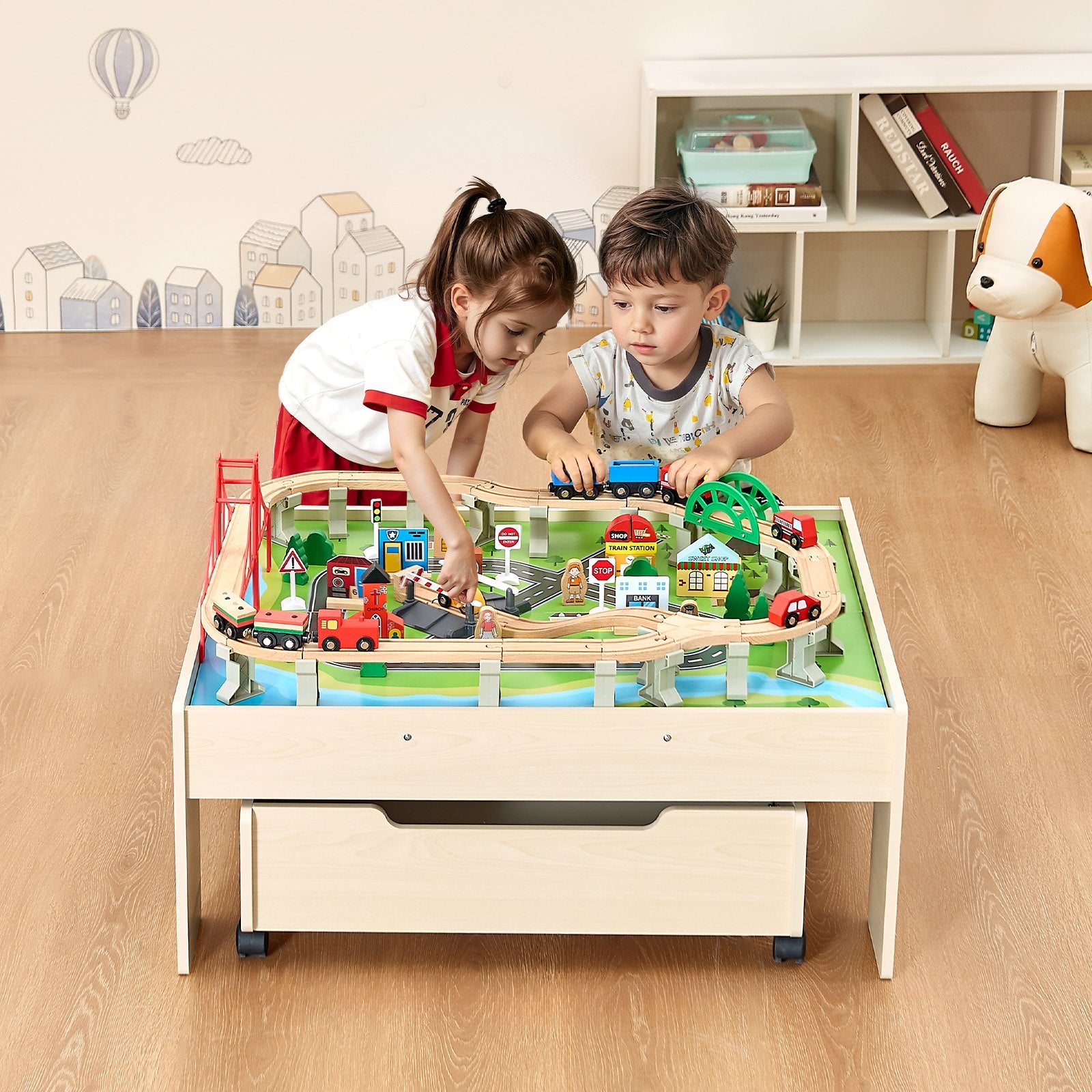 Basketball & Basketball Accessories: VEVOR Train Table 100 PCS Wooden Kids Activity Table with Rolling Storage Drawer