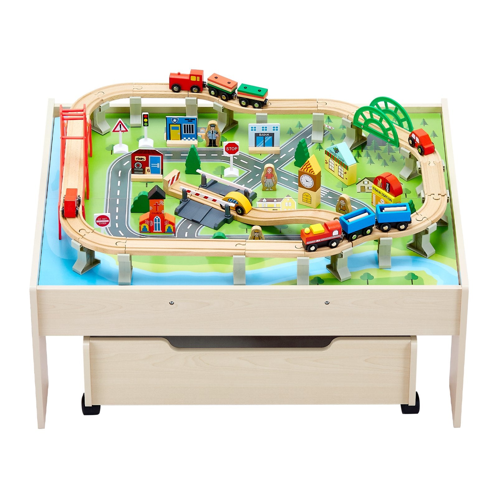 Basketball & Basketball Accessories: VEVOR Train Table 100 PCS Wooden Kids Activity Table with Rolling Storage Drawer