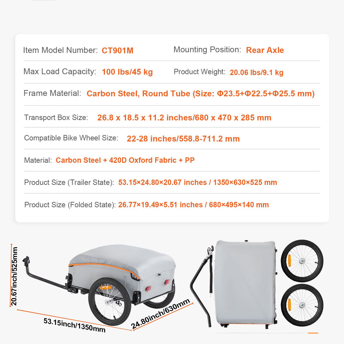 Bike Cargo Trailer, 88/100/160 lbs Load Capacity, Heavy-Duty Bicycle Wagon Cart, Foldable Compact Storage with Universal Hitch