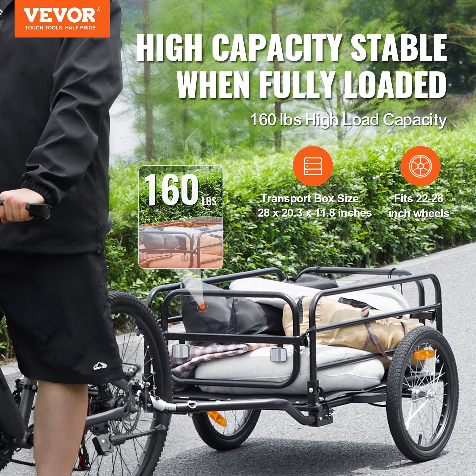 Bicycle Stands & Storage: VEVOR Bike Cargo Trailer, 72.5 kg Load, Heavy-Duty Bicycle Wagon Cart, Foldable Compact Storage & Quick Release with Universal Hitch, 406.4 mm Wheels, Safe Reflectors, Fits 558.8-711.2 mm Bike Wheels