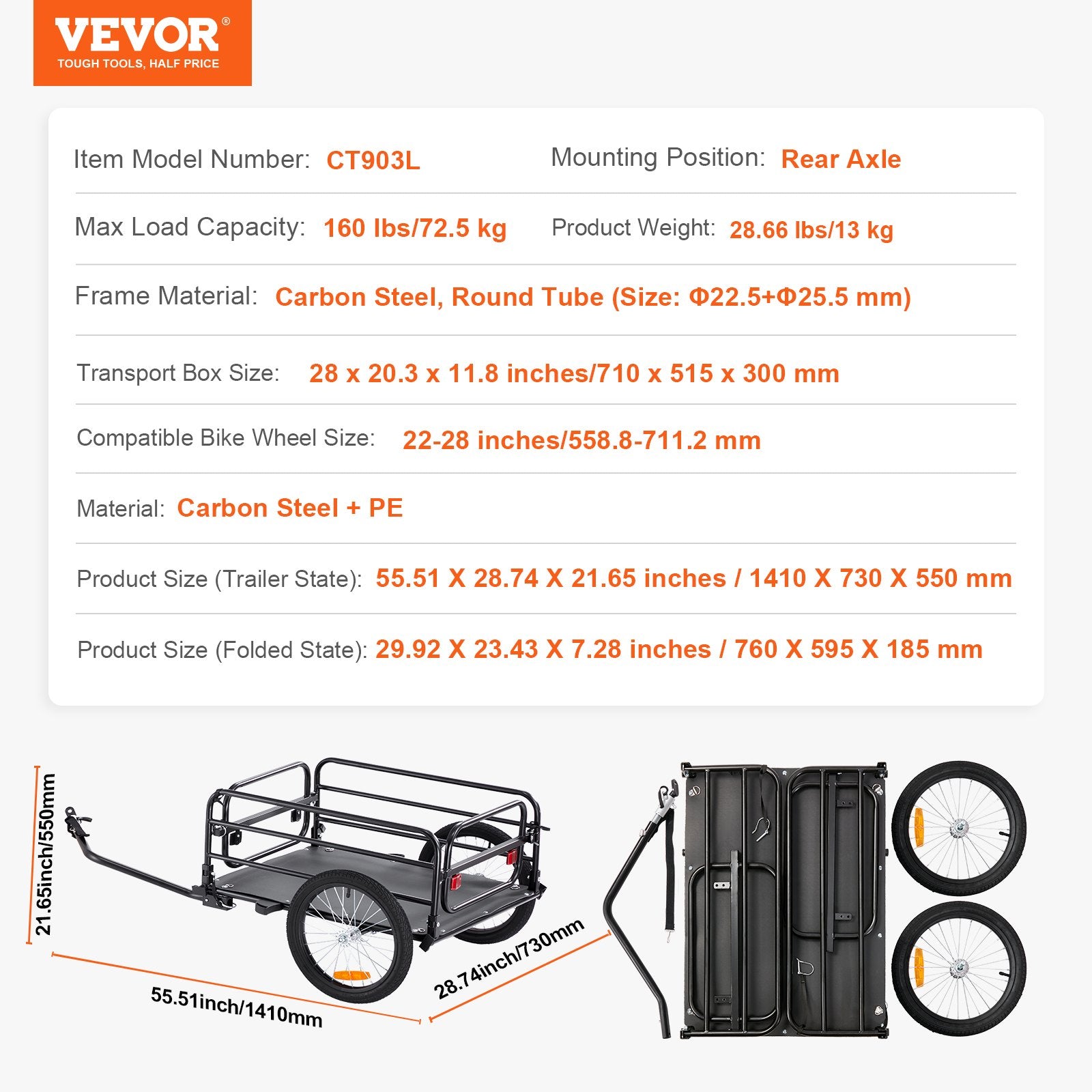 Bicycle Stands & Storage: VEVOR Bike Cargo Trailer, 72.5 kg Load, Heavy-Duty Bicycle Wagon Cart, Foldable Compact Storage & Quick Release with Universal Hitch, 406.4 mm Wheels, Safe Reflectors, Fits 558.8-711.2 mm Bike Wheels