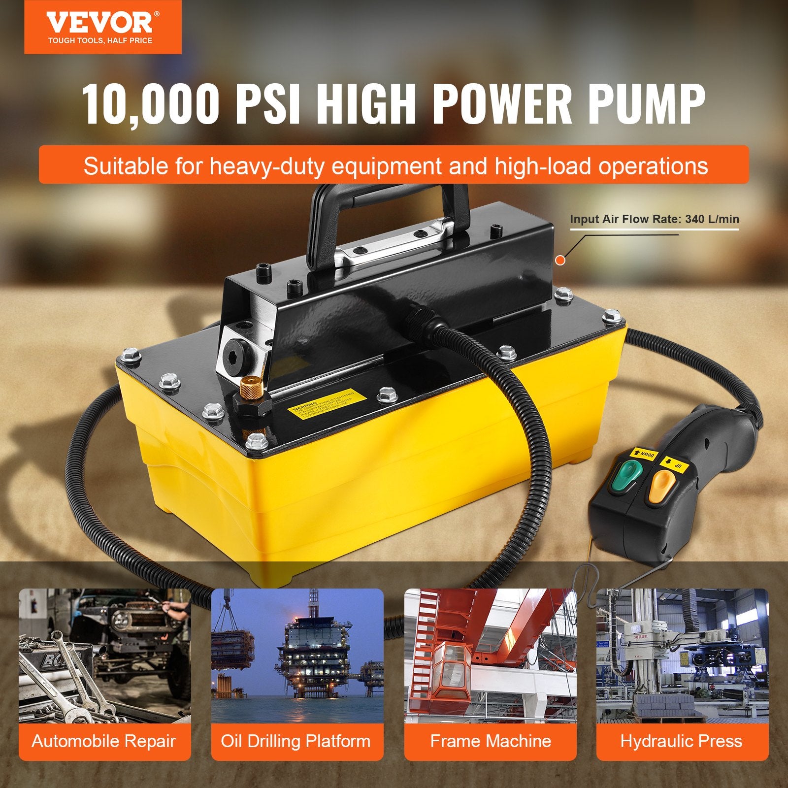 Air Pumps: VEVOR 10,000PSI Air Hydraulic Pump, 2.3 L Reservoir, NPT 3/8 In Oil Outlet, NPT 1/4 In Inlet, Air Actuated Foot Pump with Remote Control Actuator, for Automobile Frame Machine & Hydraulic Press