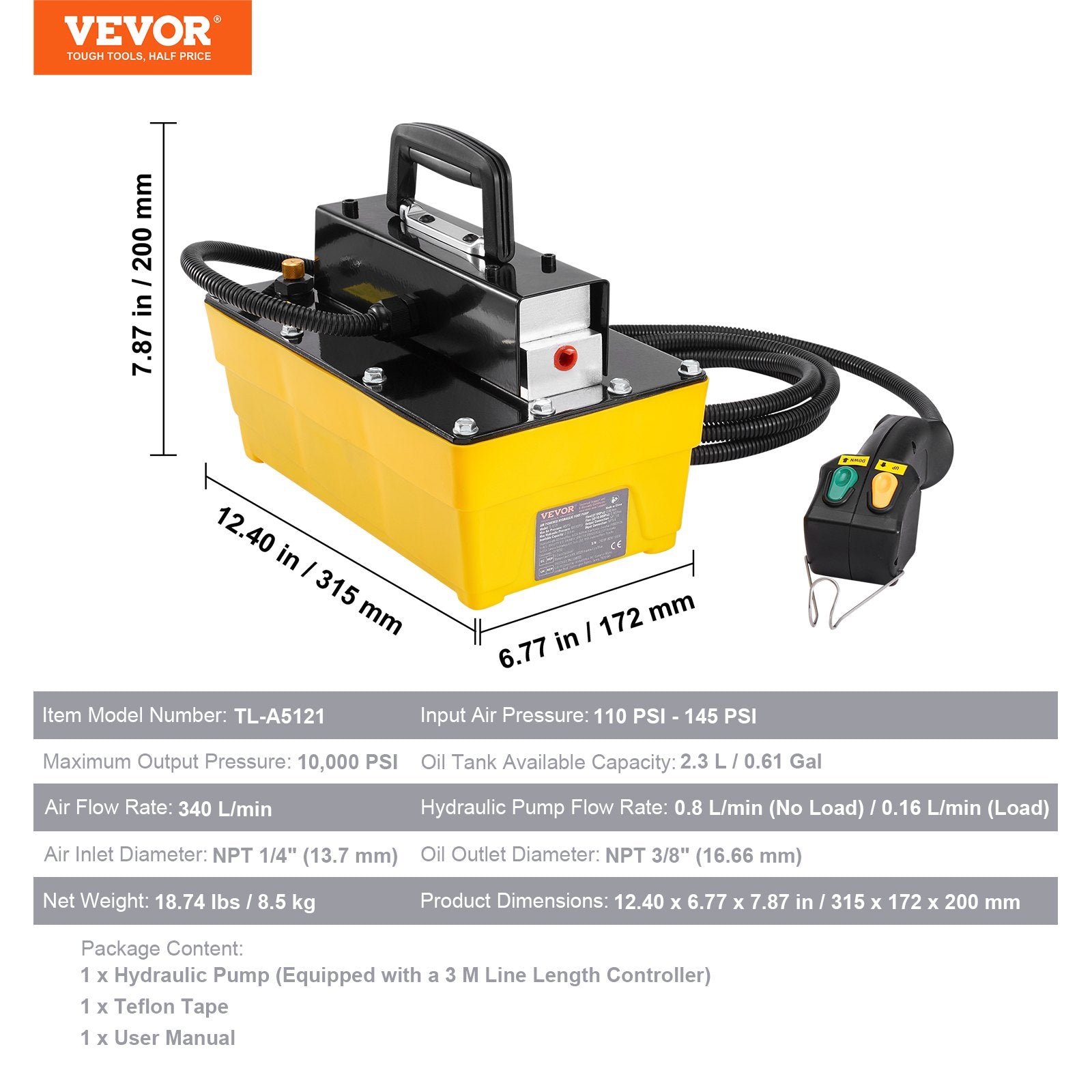 Air Pumps: VEVOR 10,000PSI Air Hydraulic Pump, 2.3 L Reservoir, NPT 3/8 In Oil Outlet, NPT 1/4 In Inlet, Air Actuated Foot Pump with Remote Control Actuator, for Automobile Frame Machine & Hydraulic Press