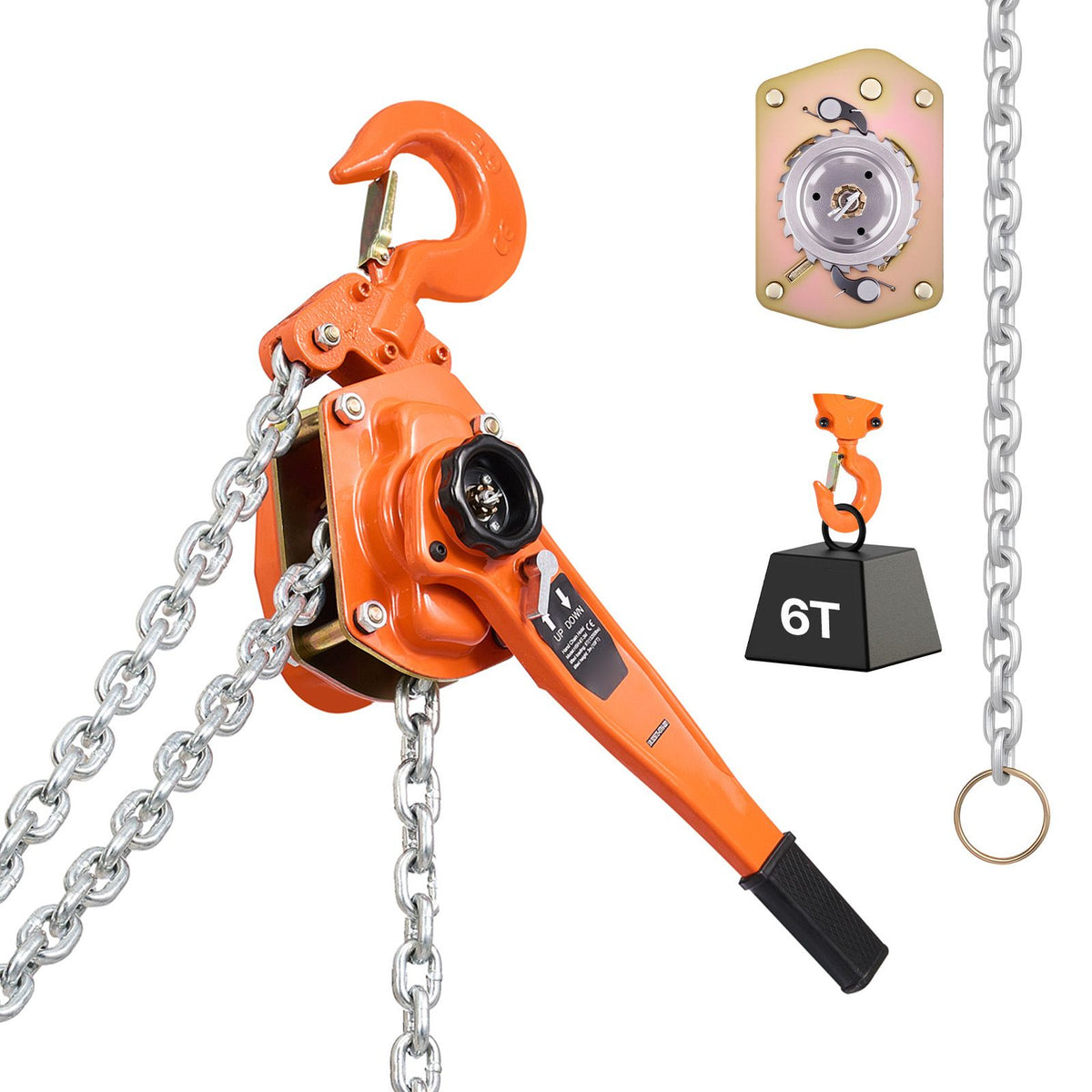 Manual Lever Chain Hoist, 6T 6000KG Capacity Heavy Duty Come Along, 3M Lift G80 Alloy Steel Chain With Dual Pawl Mechanical Brake, 360° Rotating Hooks, for Warehouse Construction Garage