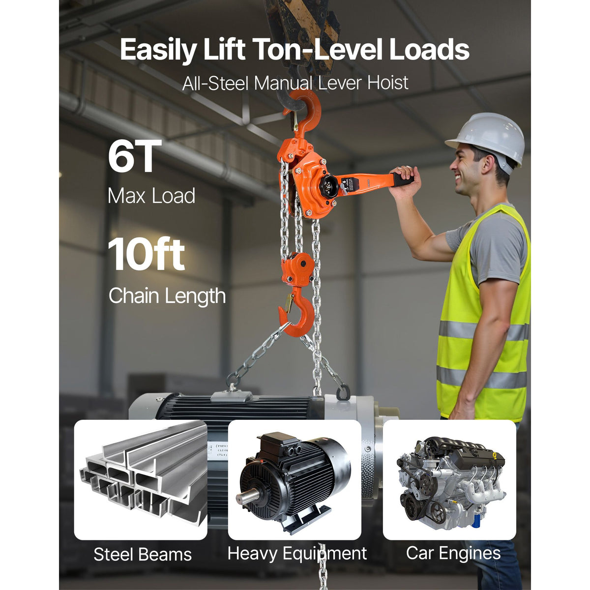 Manual Lever Chain Hoist, 6T 6000KG Capacity Heavy Duty Come Along, 3M Lift G80 Alloy Steel Chain With Dual Pawl Mechanical Brake, 360° Rotating Hooks, for Warehouse Construction Garage