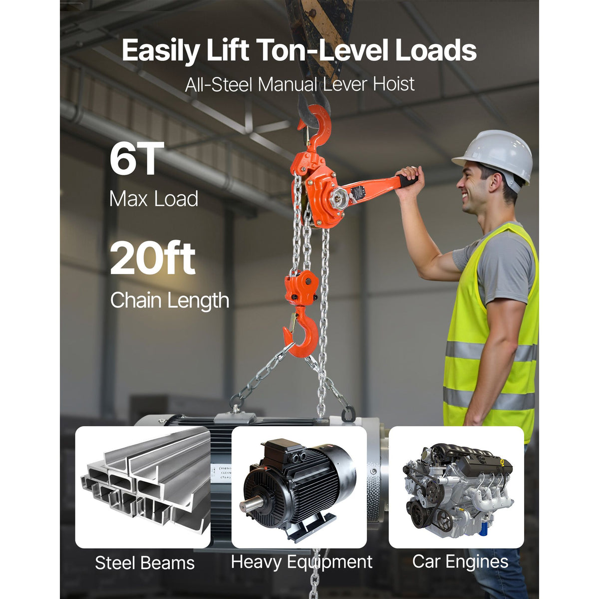 Manual Lever Chain Hoist, 6T 6000KG Capacity Heavy Duty Come Along, 6M Lift G80 Alloy Steel Chain With Dual Pawl Mechanical Brake, 360° Rotating Hooks, for Warehouse Construction Garage