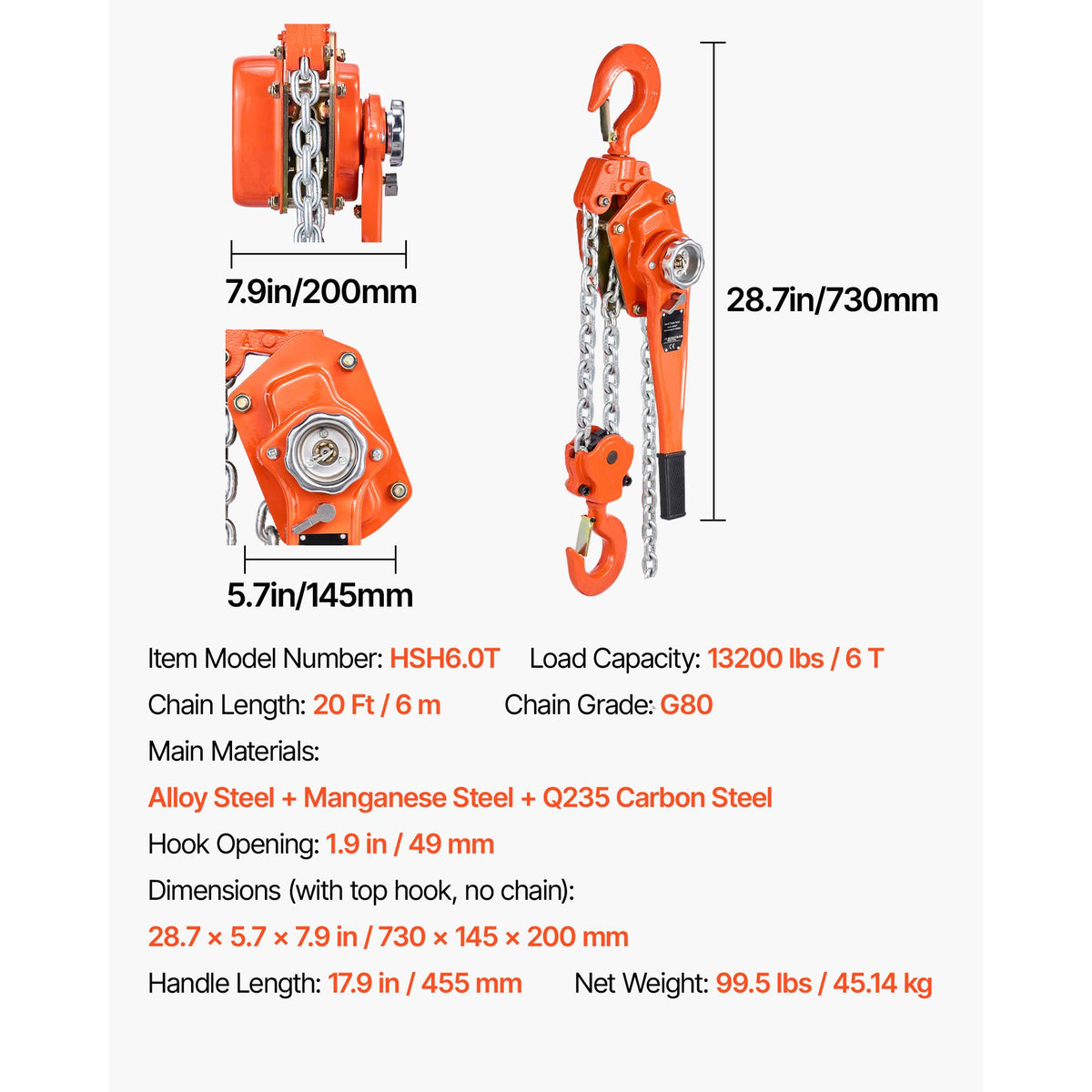 Manual Lever Chain Hoist, 6T 6000KG Capacity Heavy Duty Come Along, 6M Lift G80 Alloy Steel Chain With Dual Pawl Mechanical Brake, 360° Rotating Hooks, for Warehouse Construction Garage