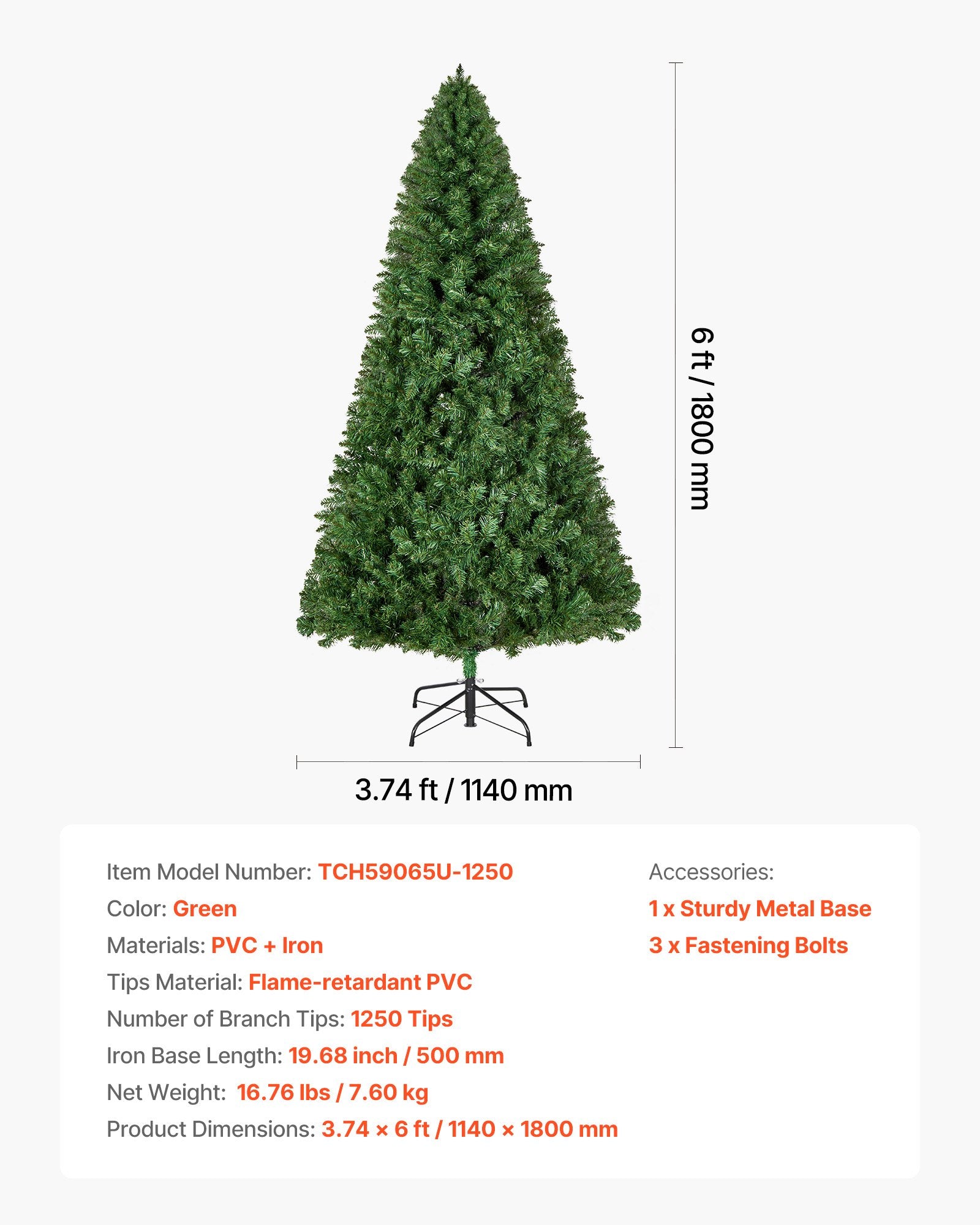 Christmas Trees: VEVOR Christmas Tree, 1.8m Artificial Xmas Tree, Full Holiday Decor Trees with 1250 Branch Tips & Sturdy Metal Base for Home Party Office Decoration